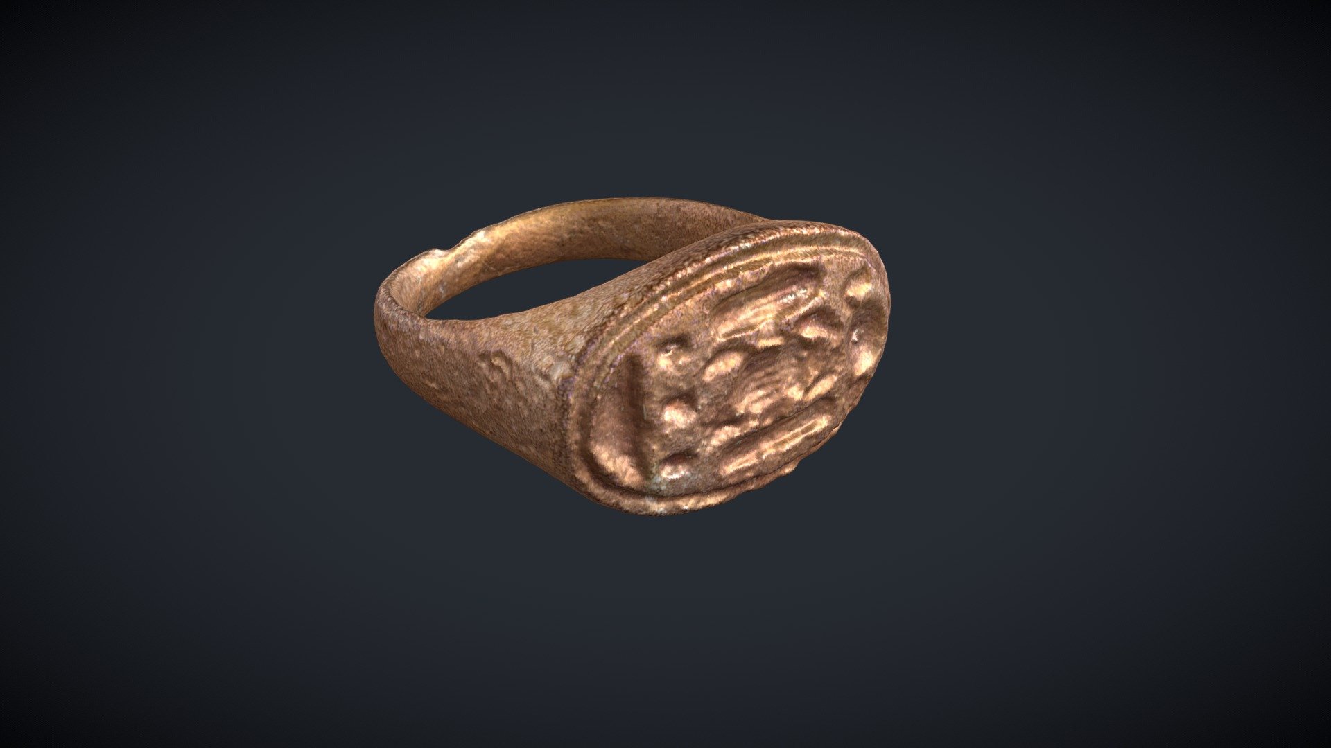 From the Petrie Museum of Egyptian Archaeology
Length 2.2cm

Ring bronze; inscribed in hieroglyphs with the throne-name of Tutankhamun (Nebkheperura), the Ra-disk with pendant uraei and the kheper-scarab winged. No provenance

Scanned by S Dey, ThinkSee3D 17/03/23 - Bronze Ring with name of Tutankhamun UC12507 - 3D model by ThinkSee3D 3d model
