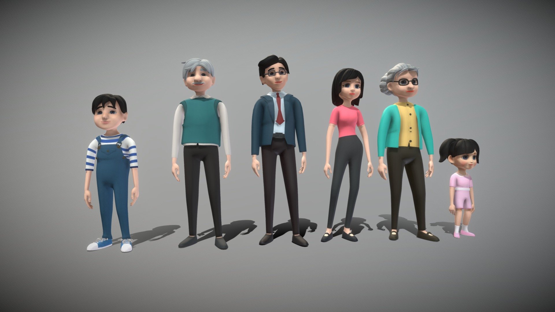 This is a collection of 6 family members. They are cute. They are dad, mom, grandpa, grandma, daughter, son. Each character contains 13 animations. 

Materials with 2048 * 2048 textures.

Triangles: 418144  Vertices: 212771

(Viewer Setting above are just a preview and may vary drastically depending on your lighting and shading setup on the final application)

If you have any questions, please feel free to contact me.
 
E-mail: zhangshangbin1314159@gmail.com
 - Cartoon Family - Buy Royalty Free 3D model by Zhang Shangbin (@zhangshangbin1314159) 3d model