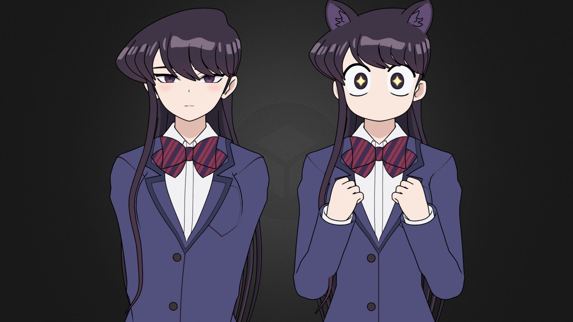 Komi Shouko character from the anime Komi Can't Communicate.

3D Model Rigged. With Shape Keys. In blend format, for Blender v2.8 - v3.1. EEVEE renderer, with nodes, material Toon Shader.

▬▬▬▬▬▬▬▬▬▬▬▬▬▬▬▬▬▬▬▬▬▬▬▬▬▬▬▬▬▬▬▬▬▬▬▬▬▬▬▬▬▬▬▬▬▬

Buy Artstation: https://www.artstation.com/a/15254439

Buy CGTrader: encurtador.com.br/eAK26

▬▬▬▬▬▬▬▬▬▬▬▬▬▬▬▬▬▬▬▬▬▬▬▬▬▬▬▬▬▬▬▬▬▬▬▬▬▬▬▬▬▬▬▬▬▬

Contents of the .ZIP file:

● Folder with all textures in .tga Format.

● .blend file with the complete 3D Model.

Contents of the .blend file:

● Full body, no deleted parts.

● Individual Hair, separated from the body.

● Pieces of Clothing, separated from the body. (Individuals, Can be removed (except the socks))

● Complete RIG, with all bones for movement. (Metarig Rigify Armature)

● Shape Keys.

● Materials configured with nodes.

● UV mapping.

● Textures embedded in the .blend file.

● Modifiers. (Subdivide, Solidify and Outline for contours) - Komi Shouko - 3D Model Blender - 3D model by Gilson.Animes 3d model