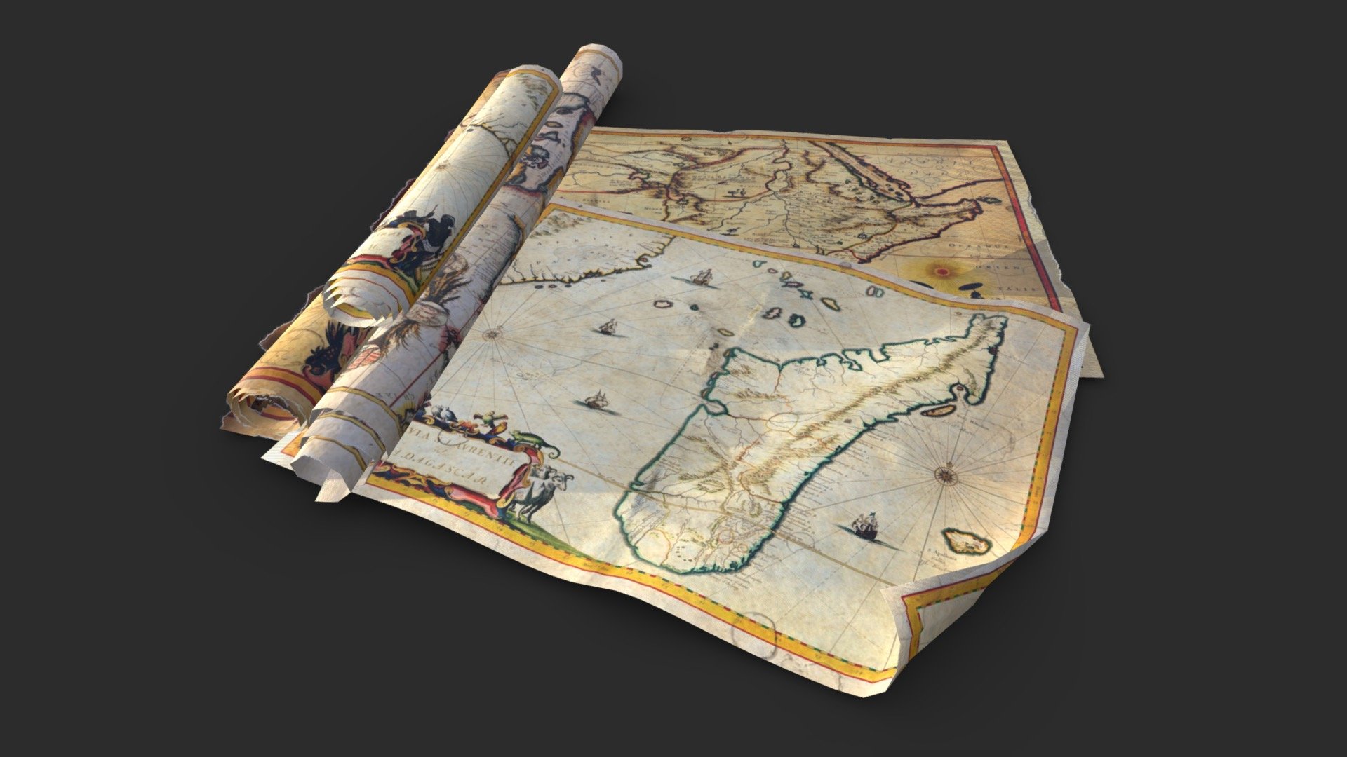 This vintage historical African maps pack including 12 individual objects (4 designs for 3 meshes types each) with 3 LODs and collision boxes to get the best optimization and the best quality for the most popular game engines. All elements can easily be positioned together to create a more detailed scene.

The 3 meshes :
* Rolled maps
* Curved corners maps
* Flatted maps

This AAA game asset of old parchments will embellish you scene and add more details which can help the gameplay and the game-design.

Low-poly model &amp; Blender native 2.91

SPECIFICATIONS

Objects : 12
Polygons : 1446
Subdivision ready : Yes
Render engine : Eevee (Cycles ready)

GAME SPECS

LODs : Yes (inside FBX for Unity &amp; Unreal)
Numbers of LODs : 3
Collider : Yes
Lightmap UV : No

EXPORTED FORMATS

FBX
Collada
OBJ

TEXTURES

Materials in scene : 1
Textures sizes : 4K
Textures types : Base Color, Metallic, Roughness, Normal (DirectX &amp; OpenGL), Heigh &amp; AO (also Unity &amp; Unreal workflow maps)
Textures format : PNG - Old African Maps - Buy Royalty Free 3D model by KangaroOz 3D (@KangaroOz-3D) 3d model