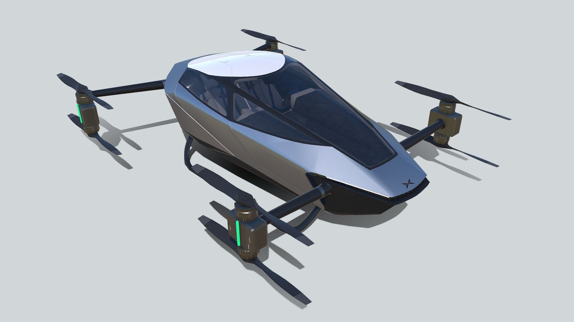 The XPeng X2 is a fifth generation eVTOL multicopter aircraft which holds two passengers, has eight propellers, eight electric motors, powered by batteries, has a maximum speed of 130 kp/h (81 mph) and a flight time of 35 minutes. The aircraft is flown autonomously, has fixed-skid type landing gear and has been made specifically for Urban Air Mobility (UAM) 3d model