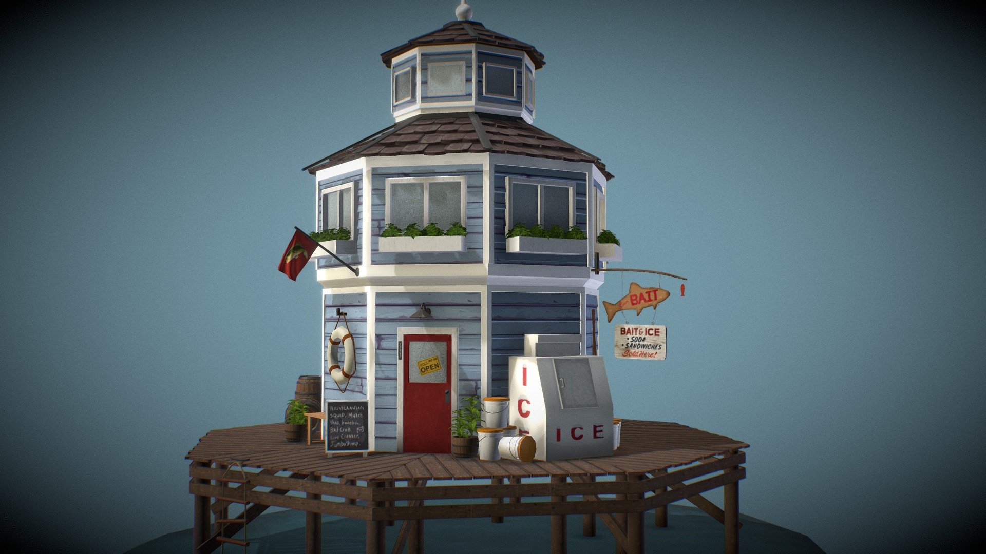 A bait shack that I made to experiment with a stylized look to the model and textures. Had a lot of fun making the props and textures for this one! - Fishing Dock - 3D model by Natalie Crabtree (@natcrab) 3d model