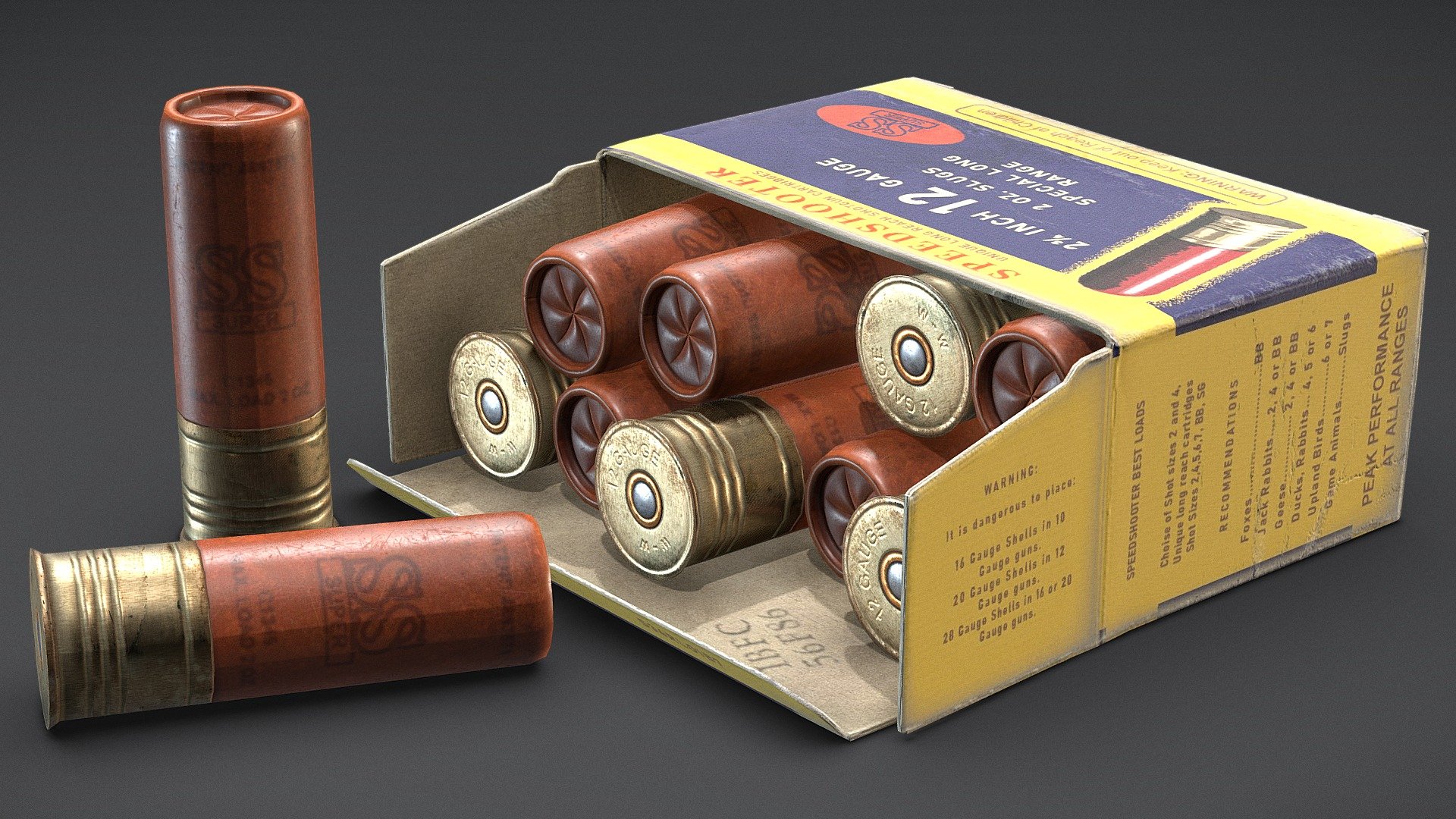 Shotgun shells asset with great attention to detail and proper rendering.


Designed specifically for game engines and VR and AR - Comes with Unity &amp; Unreal Engine 4 prepared texture sets!


What do you get?

Models:




Shotgun shells (cartridges) high-poly models (.fbx .obj)

Shotgun shells (cartridges) low-poly models (.obj, .fbx)




Shell / Cartridge -  220 tris

Cartboard box - 488 tris

Opened pistol cartboard box with insert and projectiles -  2910 tris

Unity Standard Shader textures :




Albedo 2048x2048

Normal 2048x2048

Specular 2048x2048

Ambient Oclussion 2048x2048

UE4 textures :




Albedo 2048x2048

Normal 2048x2048

RMA (channel packed texture) 2048x2048



Feel free to contact me via PM. Happy shopping, .MG





Shotgun shells / cartridges / ammunition / ammo - PBR VR / AR / Low-poly / Game ready / 3D model*
 - Shotgun shells - PBR - Game-ready model - Buy Royalty Free 3D model by miloszgierczak 3d model
