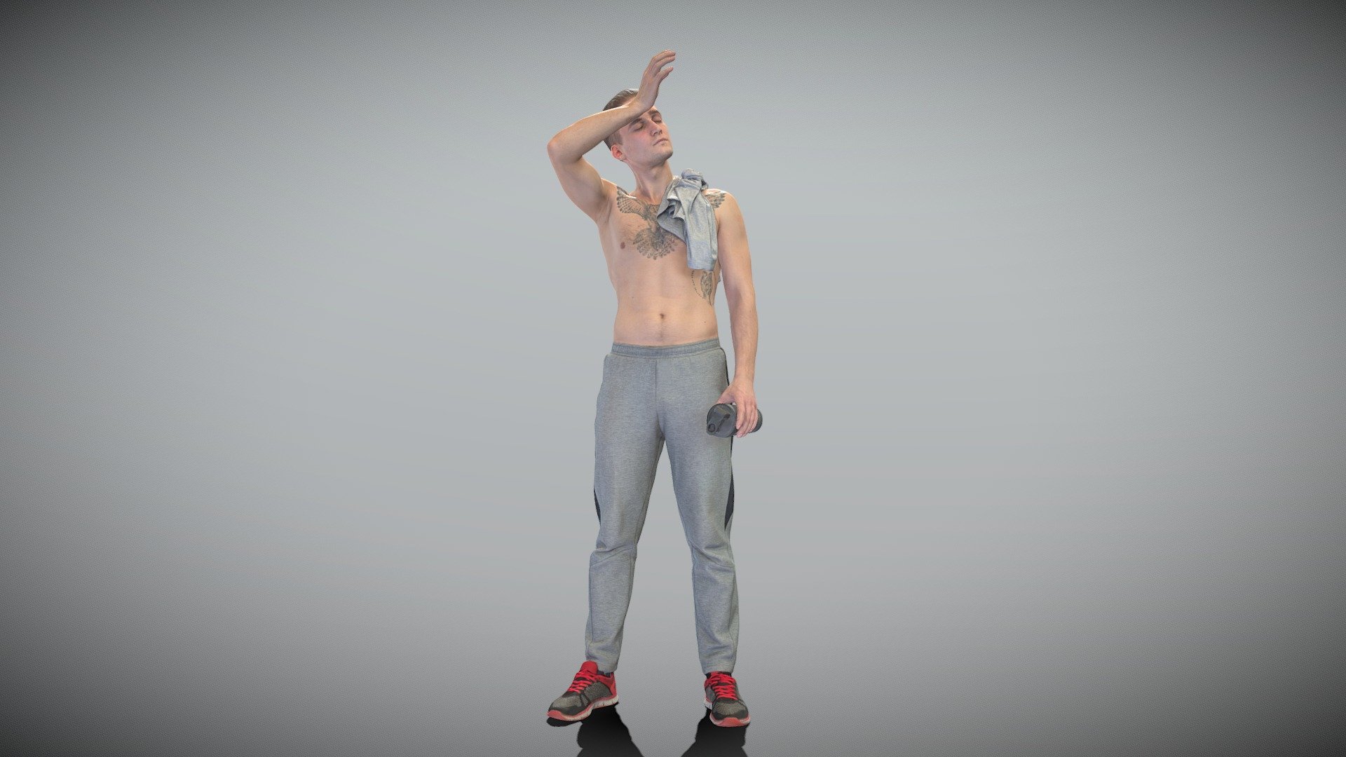 This is a true human size and detailed model of a sporty handsome young man of Caucasian appearance dressed in a sportswear. The model is captured in a casual pose to be perfectly matching to various architectural and product visualizations as a background, mid-sized or close-up character on a sport ground, gym, park, VR/AR content, etc.

Technical specifications:




digital double 3d scan model

150k &amp; 30k triangles | double triangulated

high-poly model (.ztl tool with 5 subdivisions) clean and retopologized automatically via ZRemesher

sufficiently clean

PBR textures 8K resolution: Diffuse, Normal, Specular maps

non-overlapping UV map

no extra plugins are required for this model

Download package includes a Cinema 4D project file with Redshift shader, OBJ, FBX, STL files, which are applicable for 3ds Max, Maya, Unreal Engine, Unity, Blender, etc. All the textures you will find in the “Tex” folder, included into the main archive.

3D EVERYTHING

Stand with Ukraine! - Shirtless young man with towel 380 - Buy Royalty Free 3D model by deep3dstudio 3d model