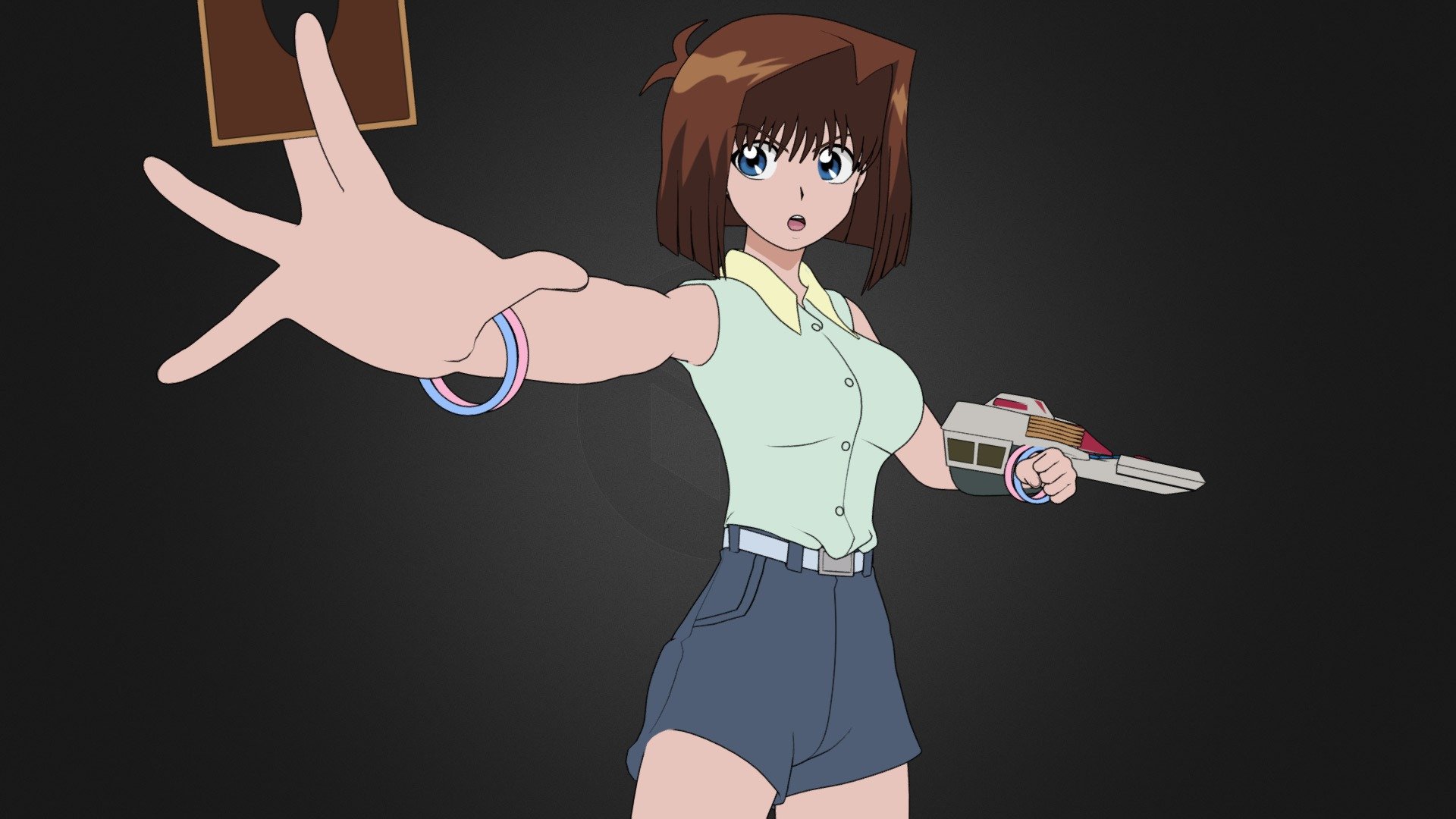 Anzu Mazaki (Tea Gardner) character from the anime Yu-Gi-Oh!.

3D Model Rigged. With Shape Keys. In blend format, for Blender v2.8 - v3.1. EEVEE renderer, with nodes, material Toon Shader.

▬▬▬▬▬▬▬▬▬▬▬▬▬▬▬▬▬▬▬▬▬▬▬▬▬▬▬▬▬▬▬▬▬▬▬▬▬▬▬▬▬▬▬▬▬▬

Buy Artstation: https://www.artstation.com/a/17645224

Buy CGTrader: encurtador.com.br/kAFS6

▬▬▬▬▬▬▬▬▬▬▬▬▬▬▬▬▬▬▬▬▬▬▬▬▬▬▬▬▬▬▬▬▬▬▬▬▬▬▬▬▬▬▬▬▬▬

Contents of the .ZIP file:

● Folder with all textures in .tga Format.

● .blend file with the complete 3D Model.

Contents of the .blend file:

● Full body, no deleted parts.

● Individual Hair, separated from the body.

● Pieces of Clothing, separated from the body. (Individuals, Can be removed)

● Complete RIG, with all bones for movement. (Metarig Rigify Armature)

● Shape Keys.

● Materials configured with nodes.

● UV mapping.

● Textures embedded in the .blend file.

● Modifiers. (Subdivide, Solidify and Outline for contours)

● Includes Duel Disk and Card 3d model