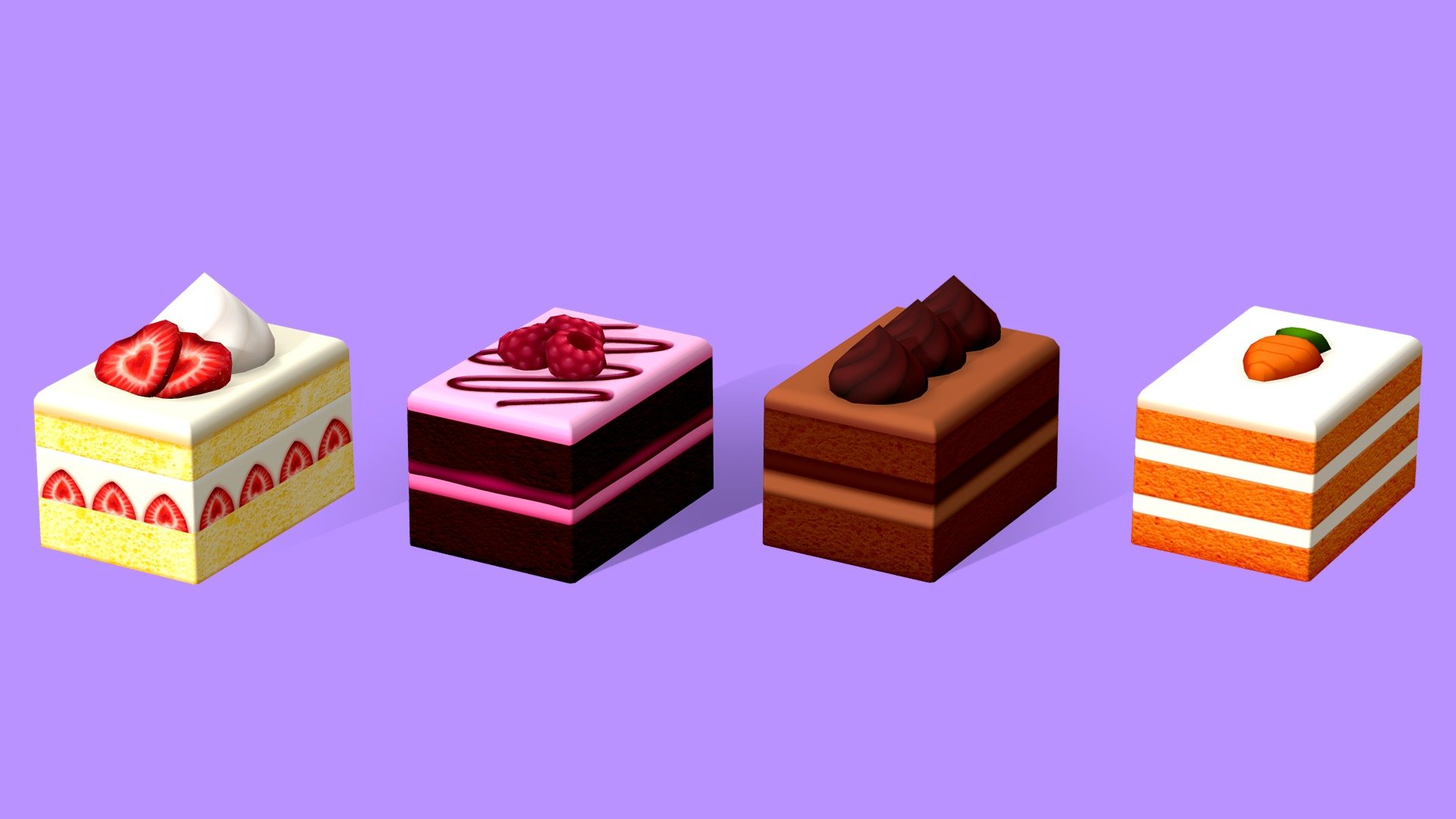 Fancy french style cakes, perfect for a cafe or bakery!




Four styles of cake - shortcake, raspberry, chocolate and carrot

1024x1024 diffuse texture maps that can be used both lit and unlit

Lowpoly and handpainted textures

Modeled in Maya and painted in Photoshop

Be sure to check out my other assets! Every asset is modeled and painted in the same style so your game or project will maintain a cohesive and unique style with a wide variety of assets to choose from! - Fancy Cakes - Buy Royalty Free 3D model by Megan Alcock (@citystreetlight) 3d model
