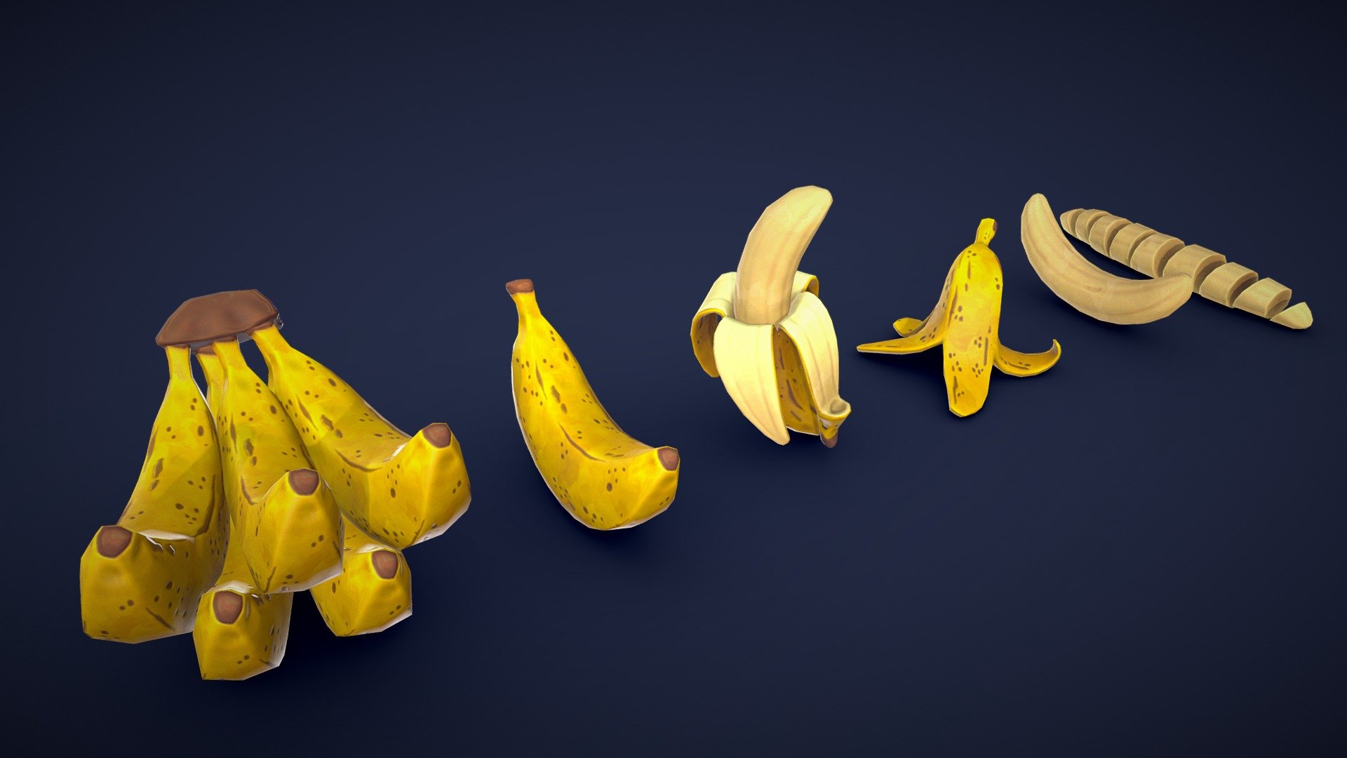 This asset pack contains 7 different banana meshes. Whether you need some fresh ingredients for a cooking game or some colorful props for a supermarket scene, this 3D stylized banana asset pack has you covered! 🍌

Model information:




Optimized low-poly assets for real-time usage.

Optimized and clean UV mapping.

2K and 4K textures for the assets are included.

Compatible with Unreal Engine, Unity and similar engines.

All assets are included in a separate file as well.
 - Stylized Banana Ripe - Low Poly - Buy Royalty Free 3D model by Lars Korden (@Lark.Art) 3d model