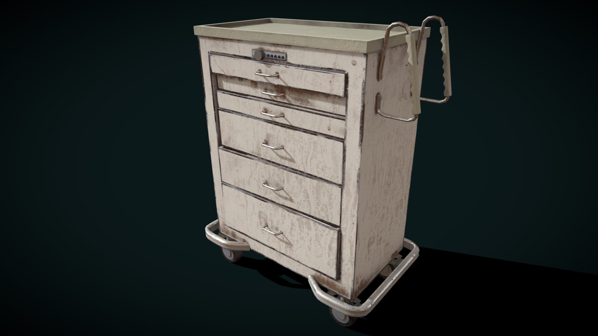 A rusty abandoned medical cart. 

Hello everybody! :) 
here's an asset I created that you may find useful. 
I used Maya for the modelling part and Substance Painter for the textures 3d model