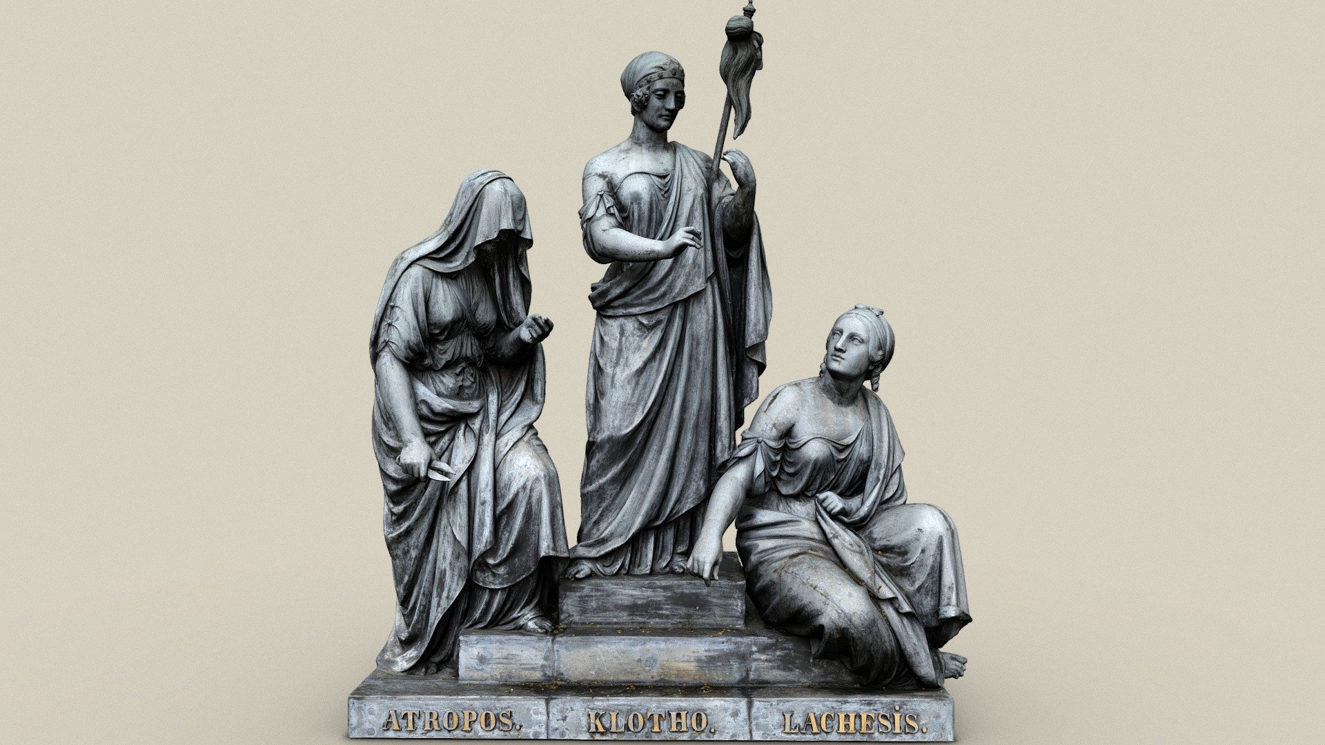 Three goddesses of fate on the grounds of the Heldenberg memorial. In Greek mythology, Moirs are goddesses of fate who were called Parcenes by the Romans. Clotho, the youngest of the three Moirs, has the task of spinning the thread of life, which is measured by Lachesis and cut by Atropos.

The Heldenberg monuments were made of cast zinc. The executing artists were Anton Dietrich, Johann Baptist Feßler and Adam Rammelmayer 3d model