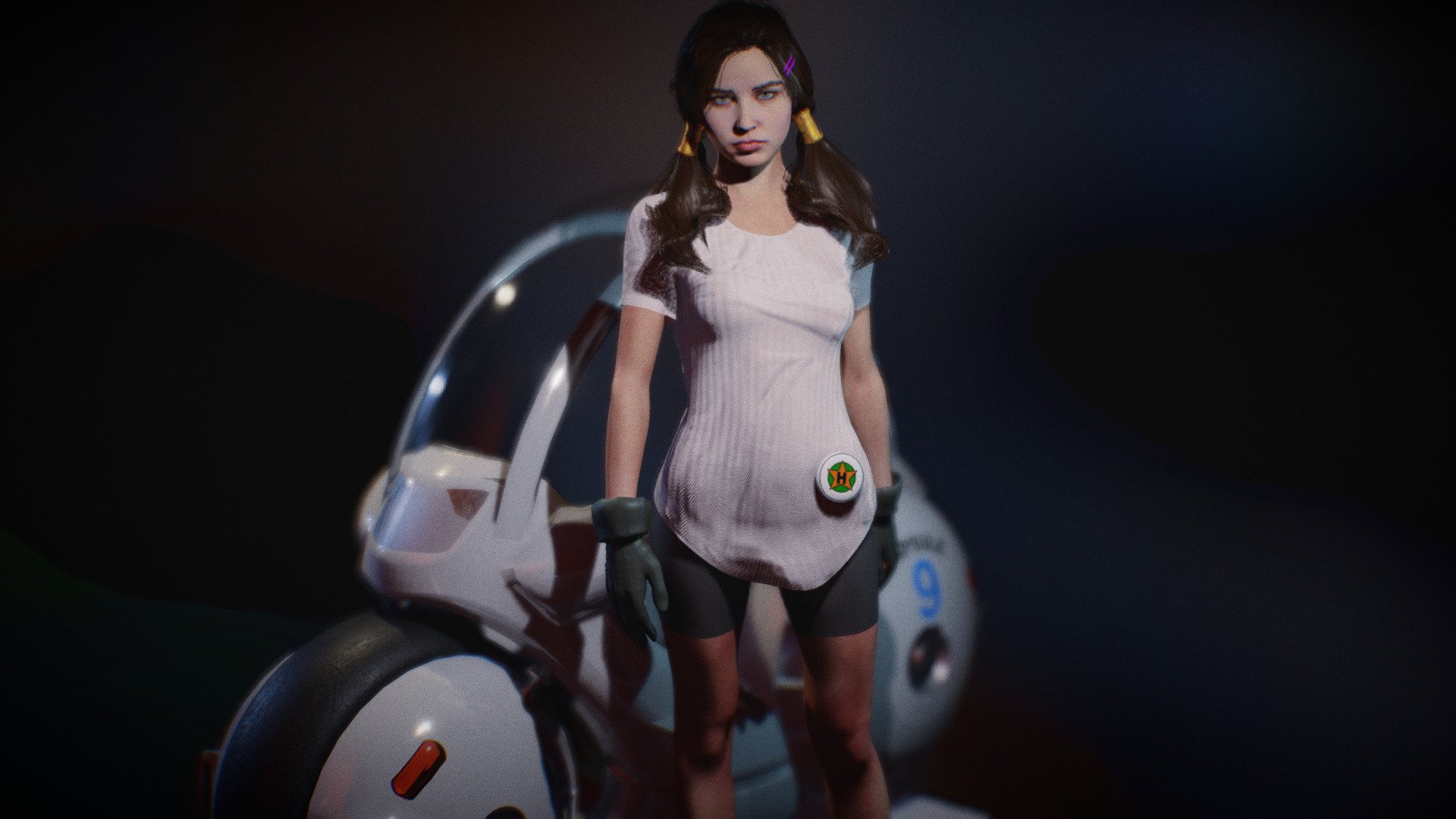 Semi-realistic Videl from Dragon Ball with capsule bike fanart scene. body rigged and basic face rig. Mixamo bone names for animation. sss. eevee and cycles ready. includes shapekeys for different looks 3d model