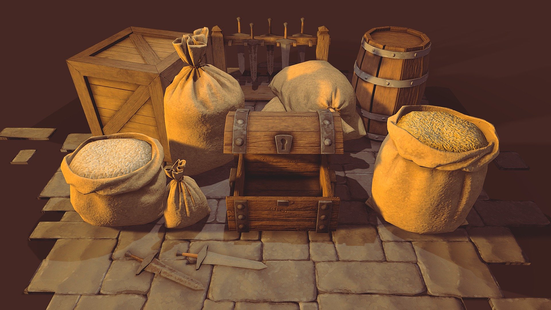 A typical scene inspired by old RPG fantasy games set in the Middle Ages. This is a part of a larger asset that includes many medieval themed items.

Centered at origin in real world scale. Clean UVs, fully unwrapped, No overlaps. Materials and textures 1024 Pixel.

Enjoy the models, and leave a feedback, please.

Content:

6 Burlap Saks, 1 barrel, 1 wooden case, 1 chest, 1 weapons rack, 2 swords.

Collection:

Modular Wood Construction: https://skfb.ly/oLWtK

Medieval Laid Table: https://skfb.ly/oLWtS

Medieval Bookcases: https://skfb.ly/oLY9K

Medieval Burlap Sacks and other: https://skfb.ly/oMRoF - Medieval Burlap Sacks and other (Asset) - Buy Royalty Free 3D model by Domenico Bianco - Pizza&Games (@pizzaandgames) 3d model
