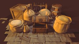 Medieval Burlap Sacks and other (Asset) food, barrel, chest, prop, medieval, market, grain, game-ready, rye, stilized, middleage, coffer, weaponsrack, woodencase, weapon, asset, lowpoly, gameasset, sword, burlap-sacks, jute-sack