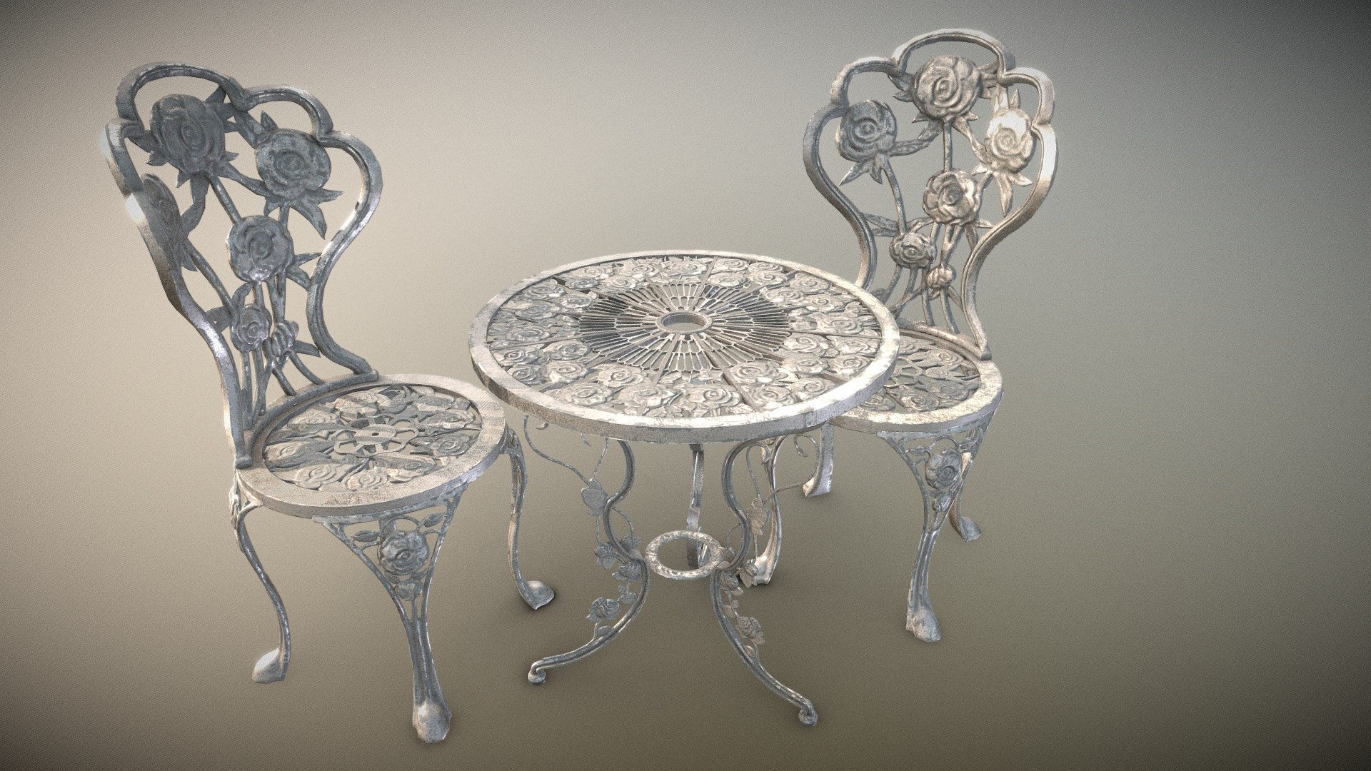 Low poly of a steel flowers ornamental table and chair.

chair - 2 materials

table - 2 materials - Floral table+chair package - Buy Royalty Free 3D model by JB3D (@taz83) 3d model
