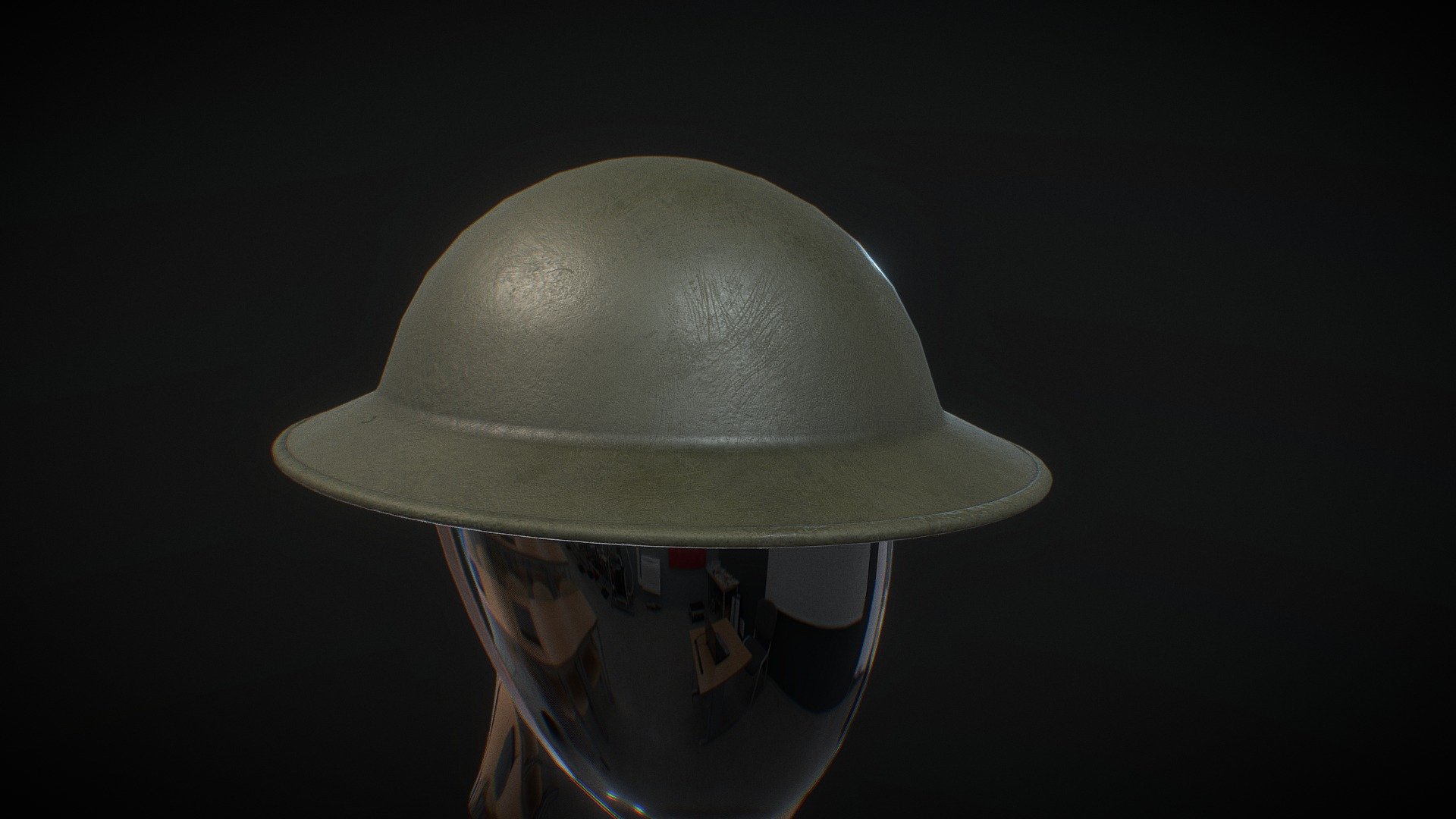 The Dirty version - https://skfb.ly/oxzsN

Cover Version - https://skfb.ly/oxCsQ

The Brodie helmet is a steel combat helmet designed and patented in London in 1915 by John Leopold Brodie. A modified form of it became the Helmet, Steel, Mark I in Britain and the M1917 Helmet in the US. Colloquially, it was called the shrapnel helmet, battle bowler, Tommy helmet, tin hat, and in the United States the doughboy helmet. It was also known as the dishpan hat, tin pan hat, washbasin, battle bowler (when worn by officers), and Kelly helmet. The German Army called it the Salatschüssel (salad bowl).[1] The term Brodie is often misused. It is correctly applied only to the original 1915 Brodie's Steel Helmet, War Office Pattern.
https://en.wikipedia.org/wiki/Brodie_helmet - "Brodie" MK 1 - WWI British Helmet - Buy Royalty Free 3D model by Davicolt 3d model