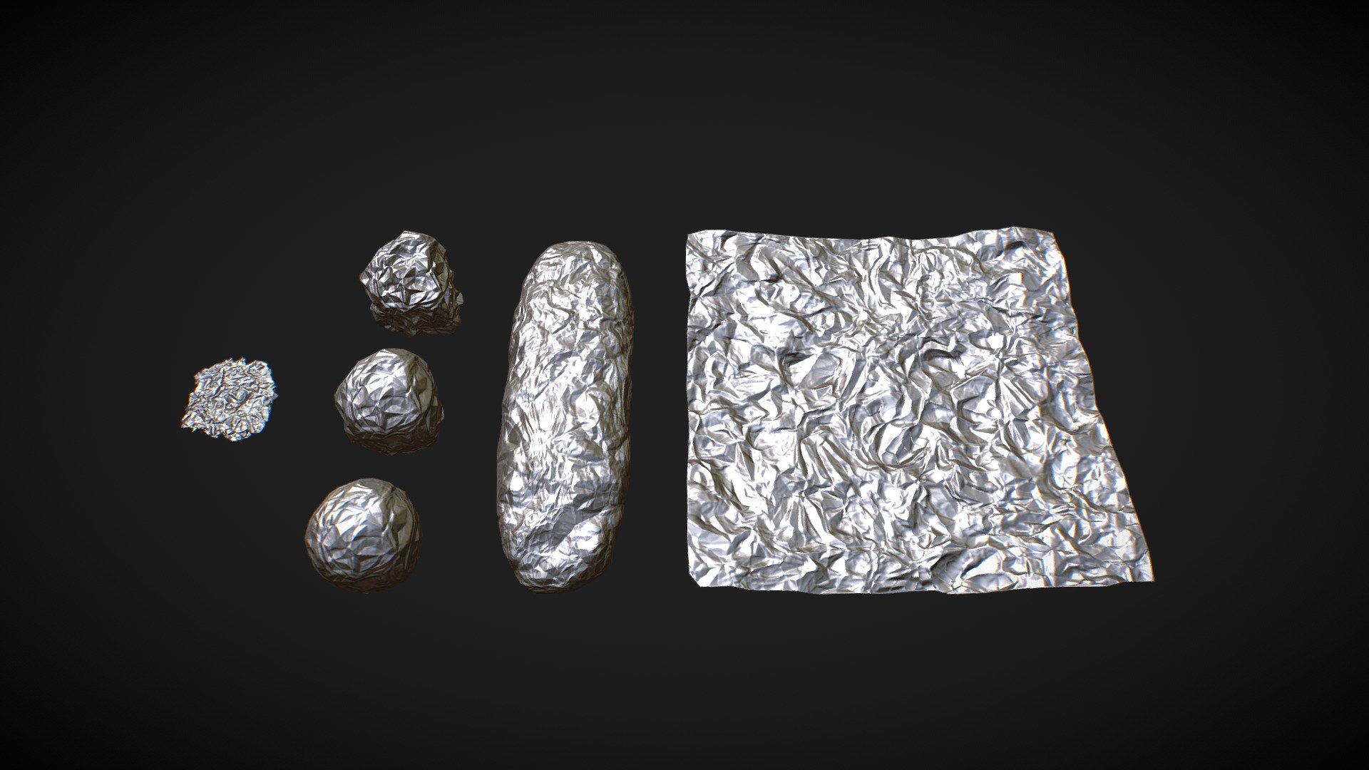 Basic set of wrinkled foil like objects, including a sheet, balls and a smashed piece.

2048² Normal + Height &amp; AO

1024² Normal + Height, AO, Alpha (smashed piece)

LOD0: ~600

LOD1: ~100
 - Foil Objects - Buy Royalty Free 3D model by Gargore 3d model