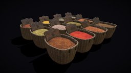 Baskets_and_spices_FBX food, medieval, signs, clutter, decor, spice, baskets, filler, herbs, spices