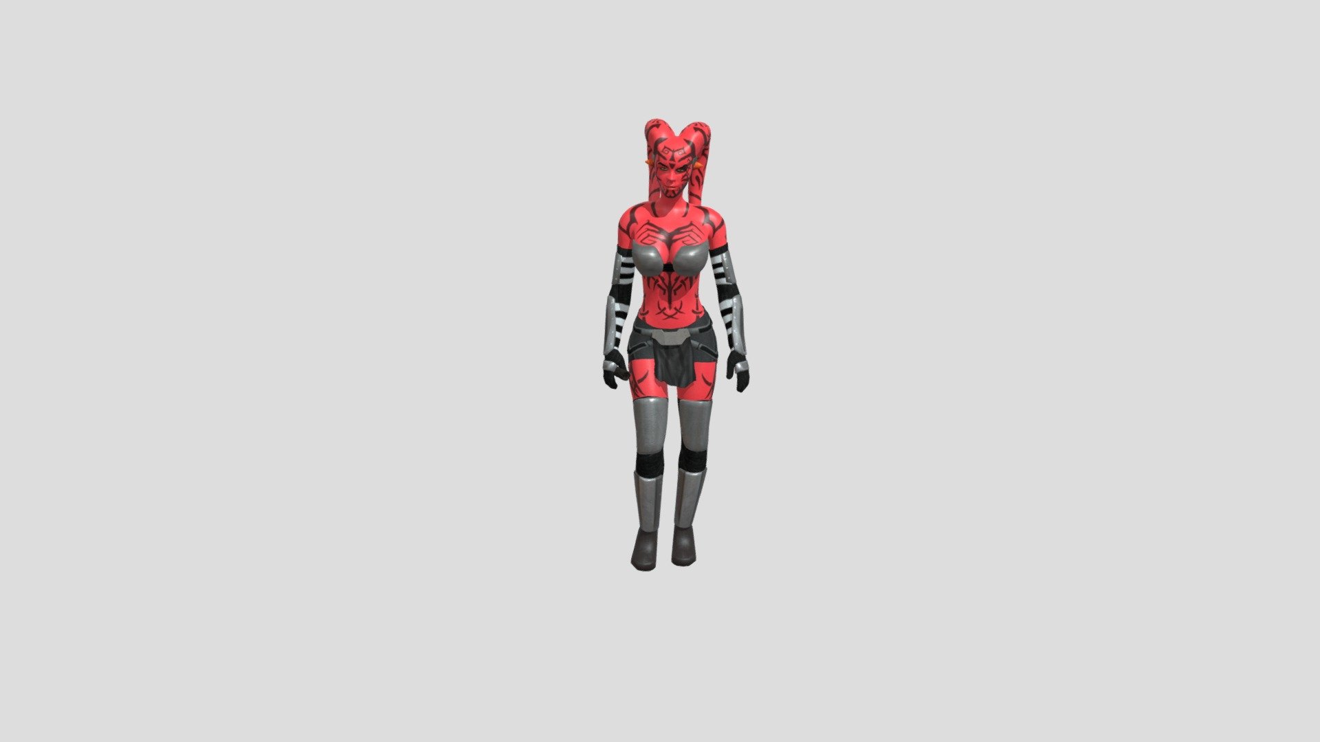 My original model of sith lady Darth Talon. Since I didn't find a Darth Talon to download anywhere, I created my own. This model was made in Blender and original textures I made in GIMP. Original body was created in Makehuman. I took inspiration from mobile game Galaxy of Heroes and pictures on Google. Armature is compatible with animations from Adobe Mixamo 3d model