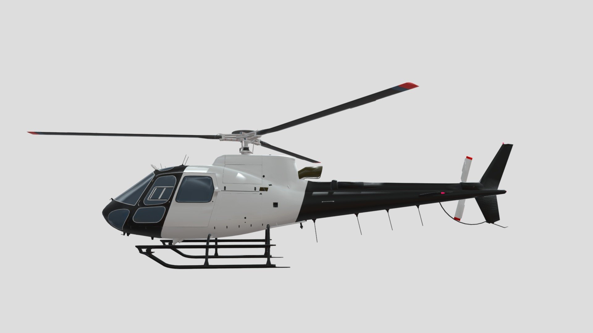 Helicopter model Eurocopter AS350

Modeled , textured and renderd in blender the model has 3 objects(Body,front and rear Propeller) each object has its uv and textures maps , made seperated for easily rigging and animating Textures : Body : 4k &amp;8k diffuse map , 4k meatllic rougness maps and emission map for the lights front propeller and back probeller , each has 1k difusse metallic roughness maps

Files: native Blender file with textures loaded and ready for rigging and rendering obj ,fbx ,dae files , for more formats , massge me . source file of the model with blnder materials and uv sets , in case you wnat to change textures colors or add different materials

Polygon Mesh: Helicopter_Body :- Verts:16967 , Edges:42710 , Faces:25912 , Triangles:29792 Front_propeller :- Verts:7497 , Edges:20438 , Faces:13044 , Triangles:13498 Helicopter_Body :- Verts:1309 , Edges:3624, Faces:2345 , Triangles:2345 - EurocopterAS350 - 3D model by EveryThing-Store 3d model