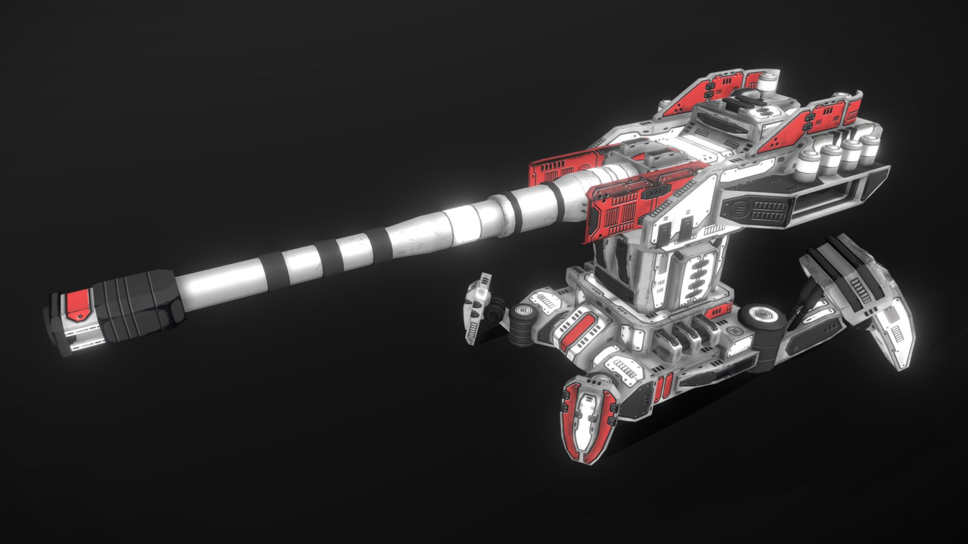 This is a model of a low-poly and game-ready scifi turret. 

The barrel(s) are separate meshes and can be animated with a keyframe animation tool. The turret can rotate left/right, the barrel can elevate up/down.

The model comes with several differently colored texture sets. The PSD file with intact layers is included.

If you have purchased this model please make sure to download the “additional file”.  It contains FBX and OBJ meshes, full resolution textures and the source PSDs with intact layers. The meshes are separate and can be animated (e.g. firing animations for gun barrels, rotating turrets, etc) 3d model