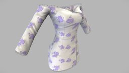 Scallops Trim Off Shoulders Floral Mini Dress mini, trim, , fashion, off, girls, clothes, pattern, night, dress, print, realistic, real, floral, womens, silk, shoulder, lace, wear, evening, satin, silky, pbr, lowpoly, female, scallops