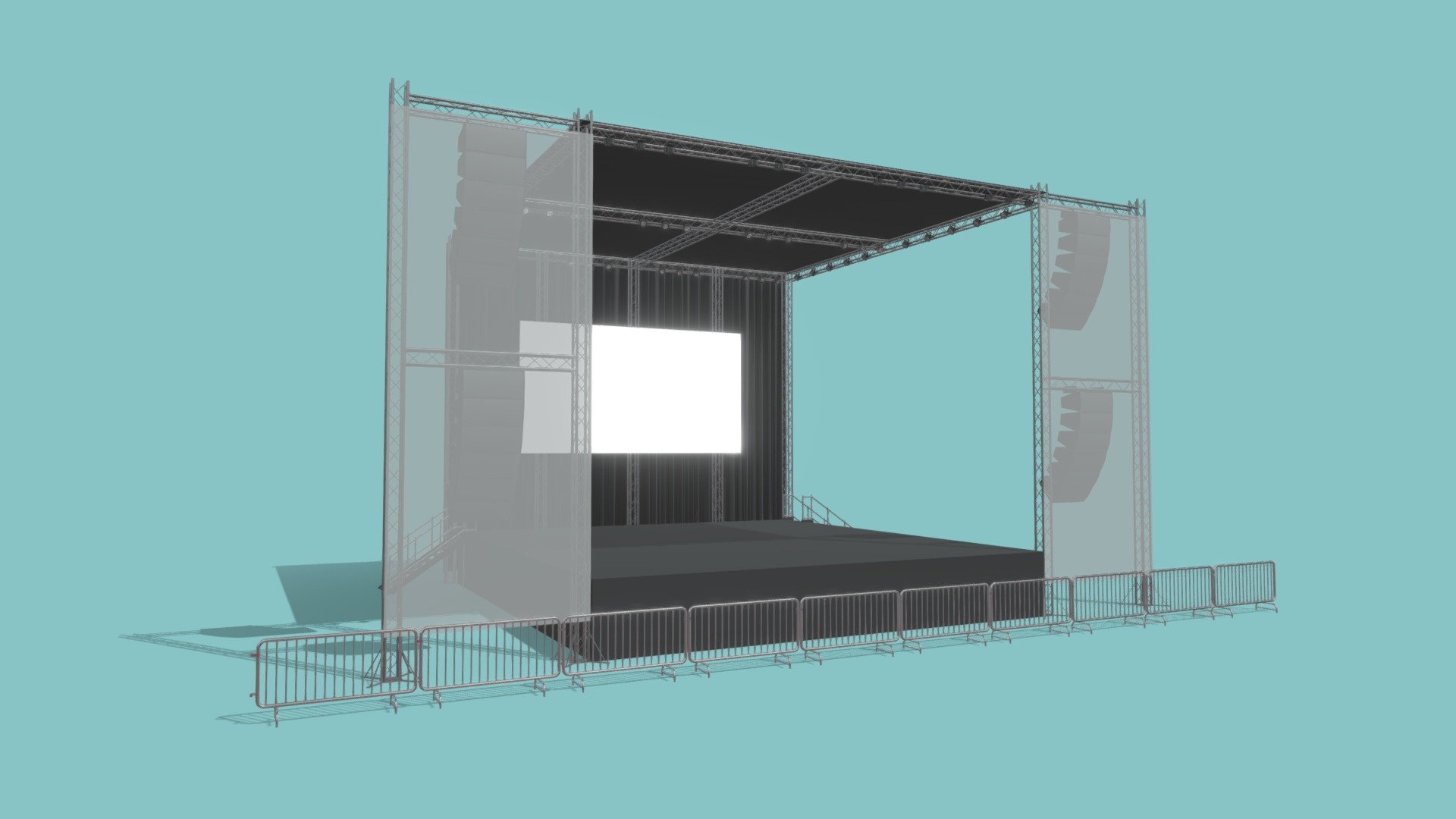 Concert Stage 6

Measurements:


Platform is: L: 11m, W: 12m, H: 1.5m
Inner height: 8.5m
Total height from bottom to top: 10m
Each Lateral Side Banner are: L: 3.6m, H: 9m

IMPORTANT NOTES:


This model does not have textures or materials, but it has separate generic materials, it is also separated into parts, so you can easily assign your own materials.

If you have any doubts or questions about this model, you can send us a message 3d model