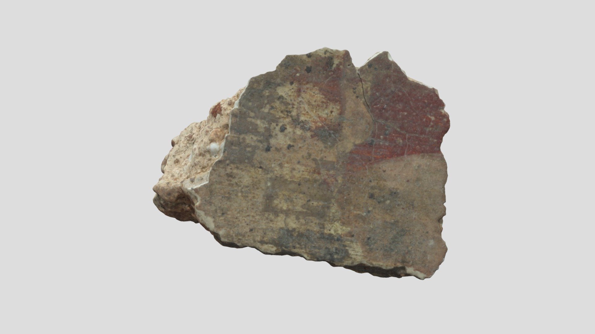 Everyday life in Pontes, Roman Staines; a piece of painted wall plaster. Some people in Roman Staines did rather well out of selling provisions to passing travellers; their houses had tiled roofs, Opus Signinum (concrete) floors, hypocaust flue tiles (under floor heating), window glass and painted walls. This is one of many fragments of painted wall plaster found in Staines. 

If you look carefully you can see a groove on the back where the slaked lime/sand/aggregate plaster was attached to the wooden ‘wattle’ frame of the wall, and a thin fine smooth layer of crushed marble which is applied to the outer surface to provide a painting surface. Analysis of samples from Staines by the University of Leicester showed our painted plaster to be painted ‘buon fresco’, or when the plaster was still wet, meaning plastering and painting were completed in panels of one days work before the plaster dried.

This fragment is ca. 2cm across and photography employed a 50mm lens at F22 3d model