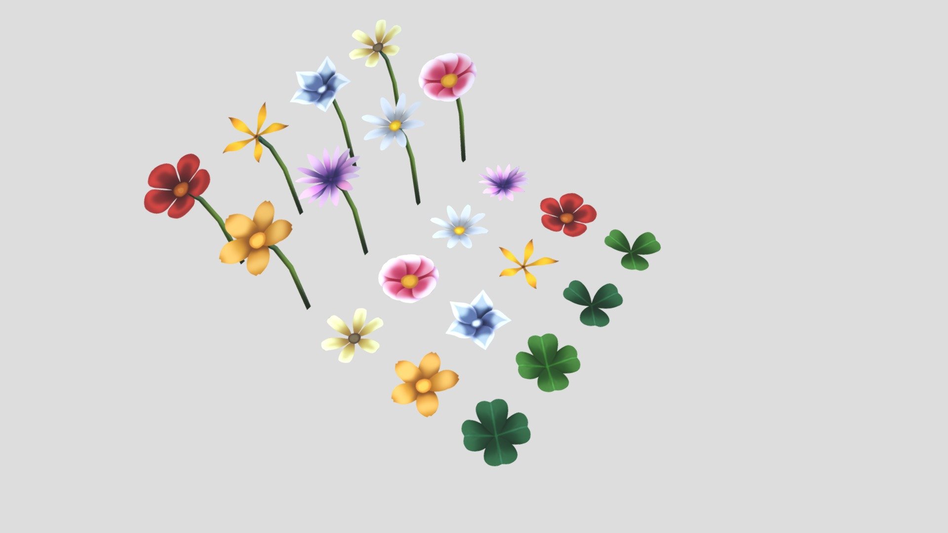 Handpainted flowers pack
In this pack you will find all the essentials to make a beautiful scenes!

The pack contains :

-8 types of flowers.
-4 types of clovers.

To know:

-All textures are in 2048x2048
-Compatible URP
-Compatible HDRP
-Compatible with Unity terrain tool (trees, grass etc)

Tips :

-Assets were designed for games with a top-down view camera.(high angle shot)

Contact

If you have any questions or suggestions about the assets contact me via my publisher page! - Handpainted Flowers Pack - Buy Royalty Free 3D model by Chromisu 3d model