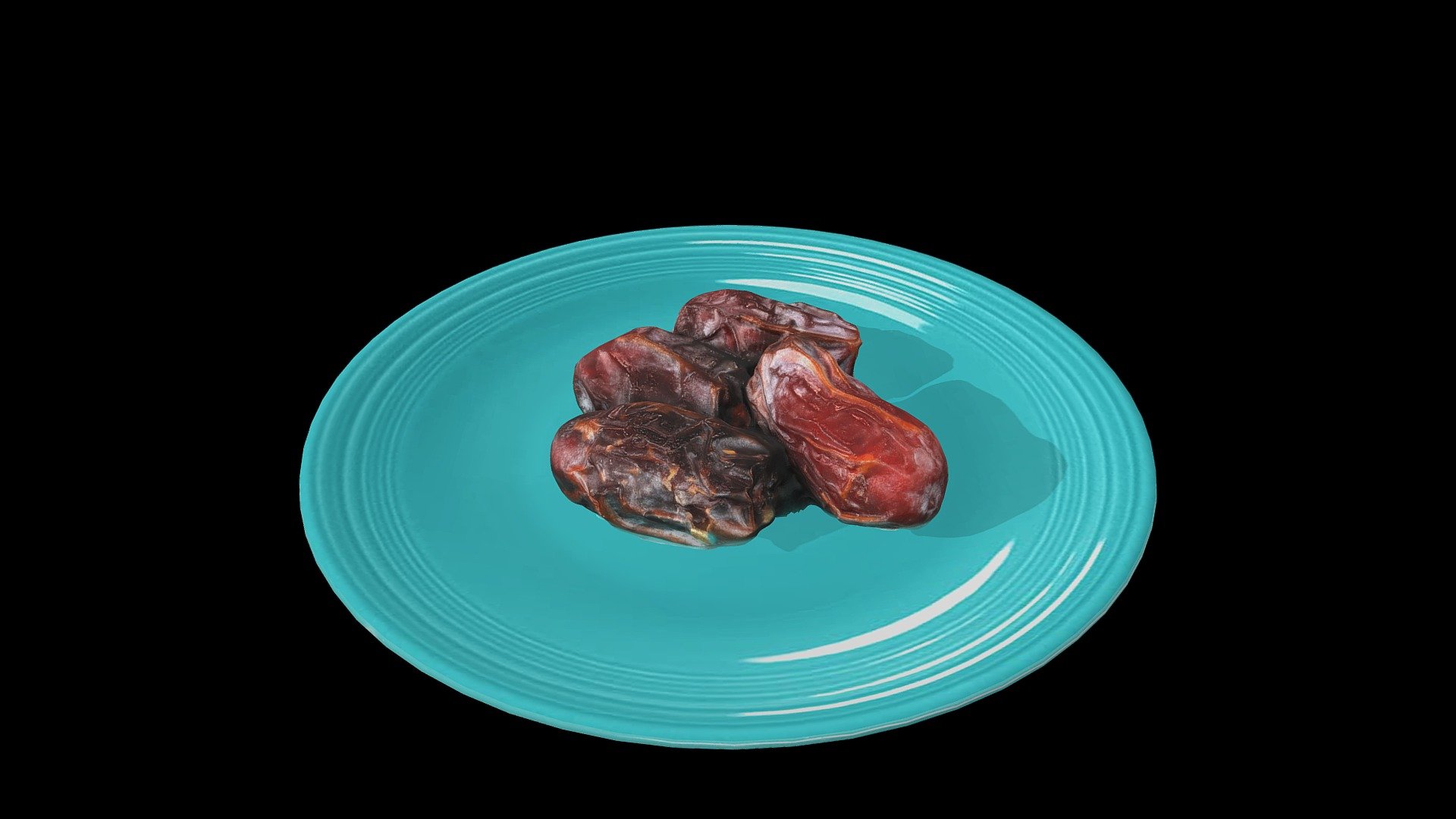 Four medjool dates on a Fiestaware plate.

Created from 130 photographs (Canon EOS Rebel T7i).  Fiestaware plate created in Blender 2.8 3d model