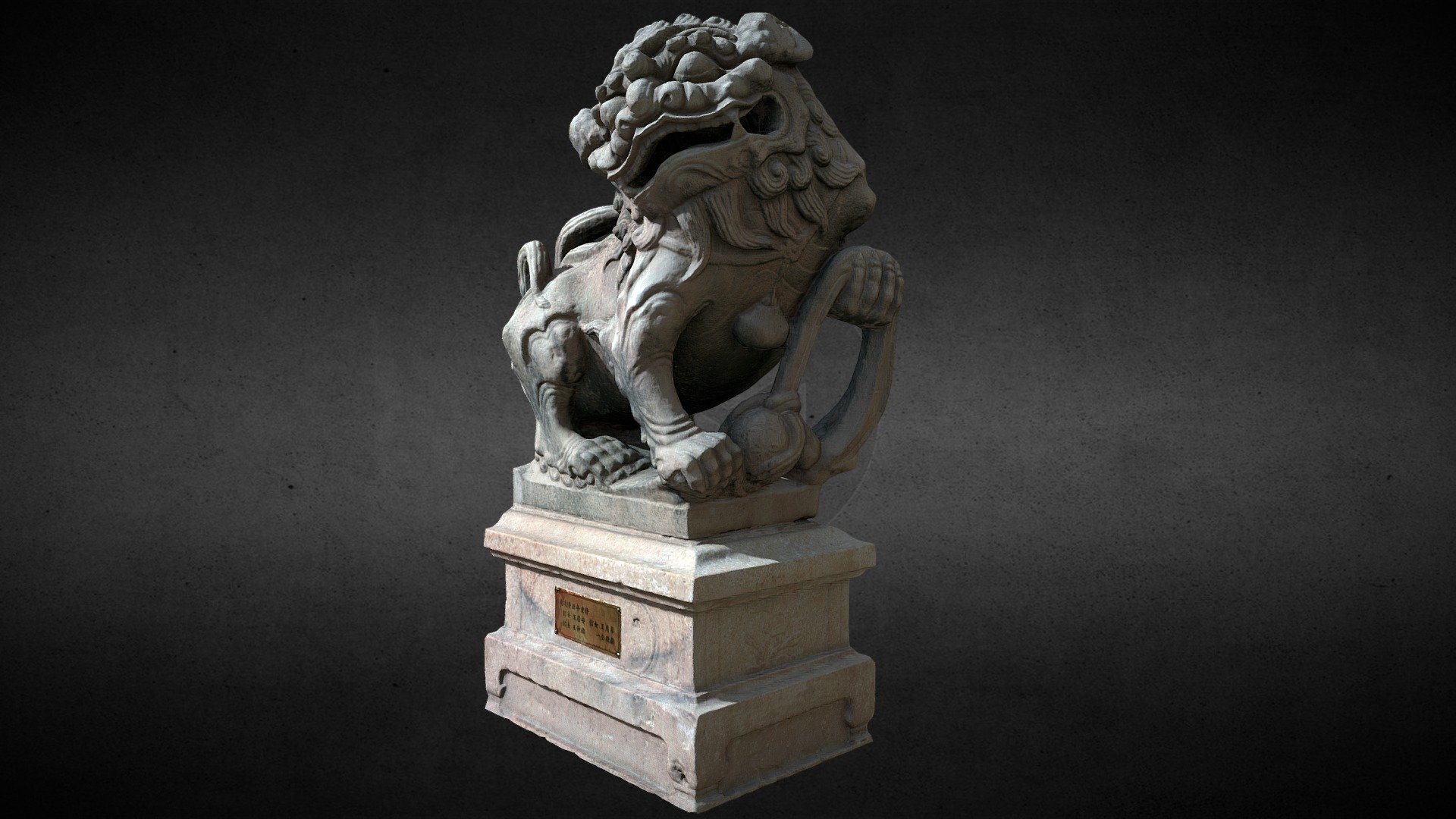 Lion-Statue-044M 旗津（旗後）天后宮 公獅

旗後天后宮傳創建於明鄭，經光緒十三年（1887）、昭和元年（1926）、民國三十七年等多次修建。
門前一對石獅，公開母闔嘴，肩頭、指爪等塊頭皆分明剛壯，並藉由扭擺的頭部與前足一高一低的架勢，乃至矮壯的身形，呈現出極具壓迫感的張力。

節自《臺灣石獅圖錄》陳磅礴著



Lion-statue-044M

Polys: 35488
Verts: 17732

Lion-statue-044M 3D Model. Model created with Photogrammetry and completed in 3ds Max.
Model used normal map for details. This model contains 35488 Triangles

Textures:

044M-AO.png—8192x8192(Ambient occlusion map)

044M-D.png—8192x8192(Diffuse map)

044M-N.png—8192x8192(Normals map)

044M-Metal—8192x8192(Metalness map)

044M-Rough.png—8192x8192(Roughness map) - Lion-Statue-044M 旗津天后宮 - Buy Royalty Free 3D model by Kevin Lai 賴昊君 (@HaoJunLai) 3d model