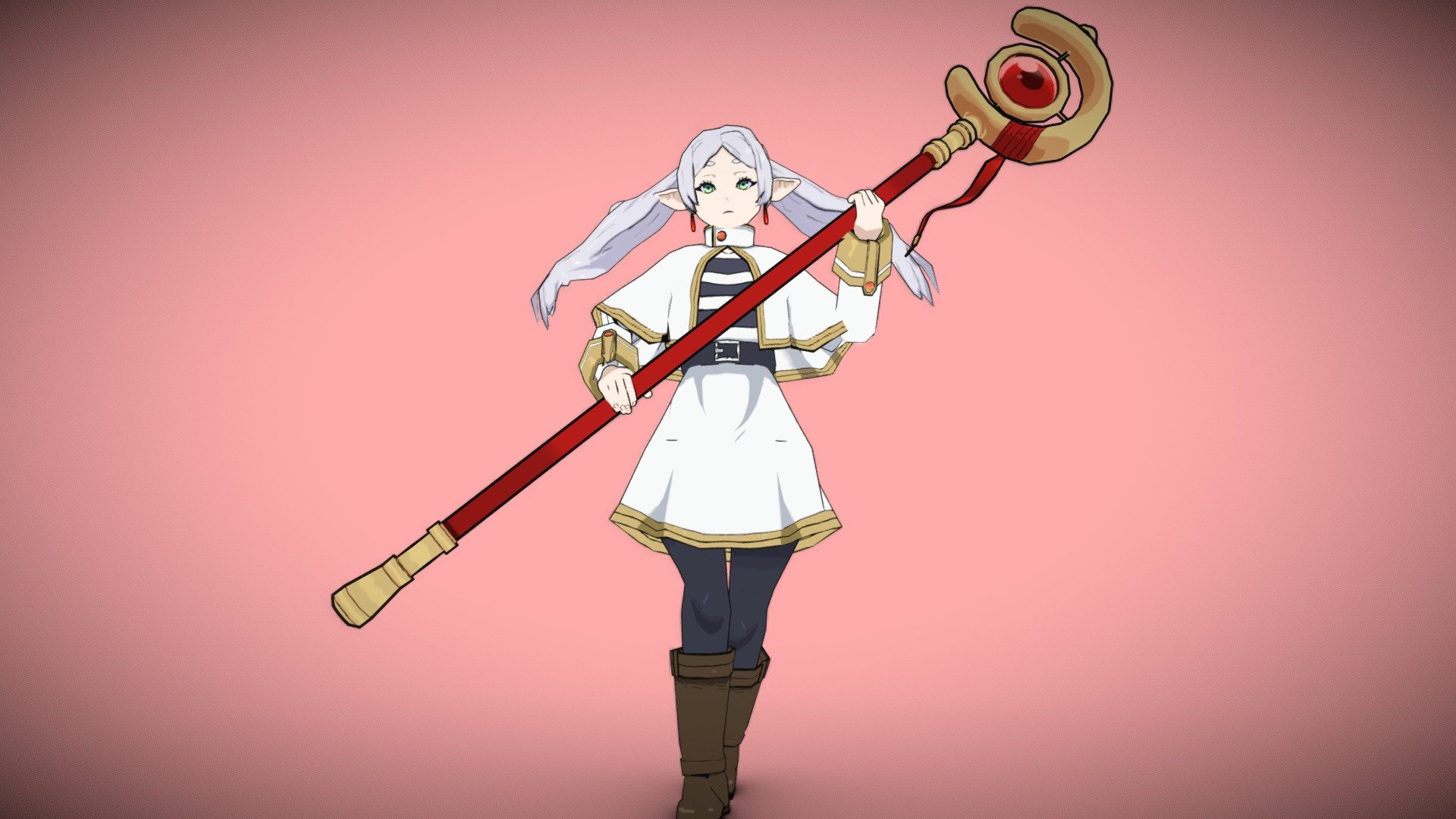 3D model of frieren, new anime, now with her wand, its rigged, it takes me a while, so i hope you like it, it have some problems with clips i guess and texture, but i'm glad with the model - Frieren with her wand - 3D model by g0rra 3d model