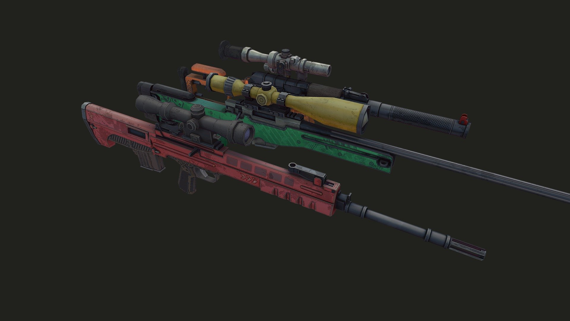 Low-poly weapon models:
L118A1
QBU-88
VSS_Vintorez
The set has a separate UV for each weapon
texture resolution 2048x2048, you can compress 512x512

The attached .zip contains:
file. fbx
diffuse textures, AO maps. Format (png) - Sniper rifle - 3D model by Johnny Starkov (@JohnnyStark) 3d model