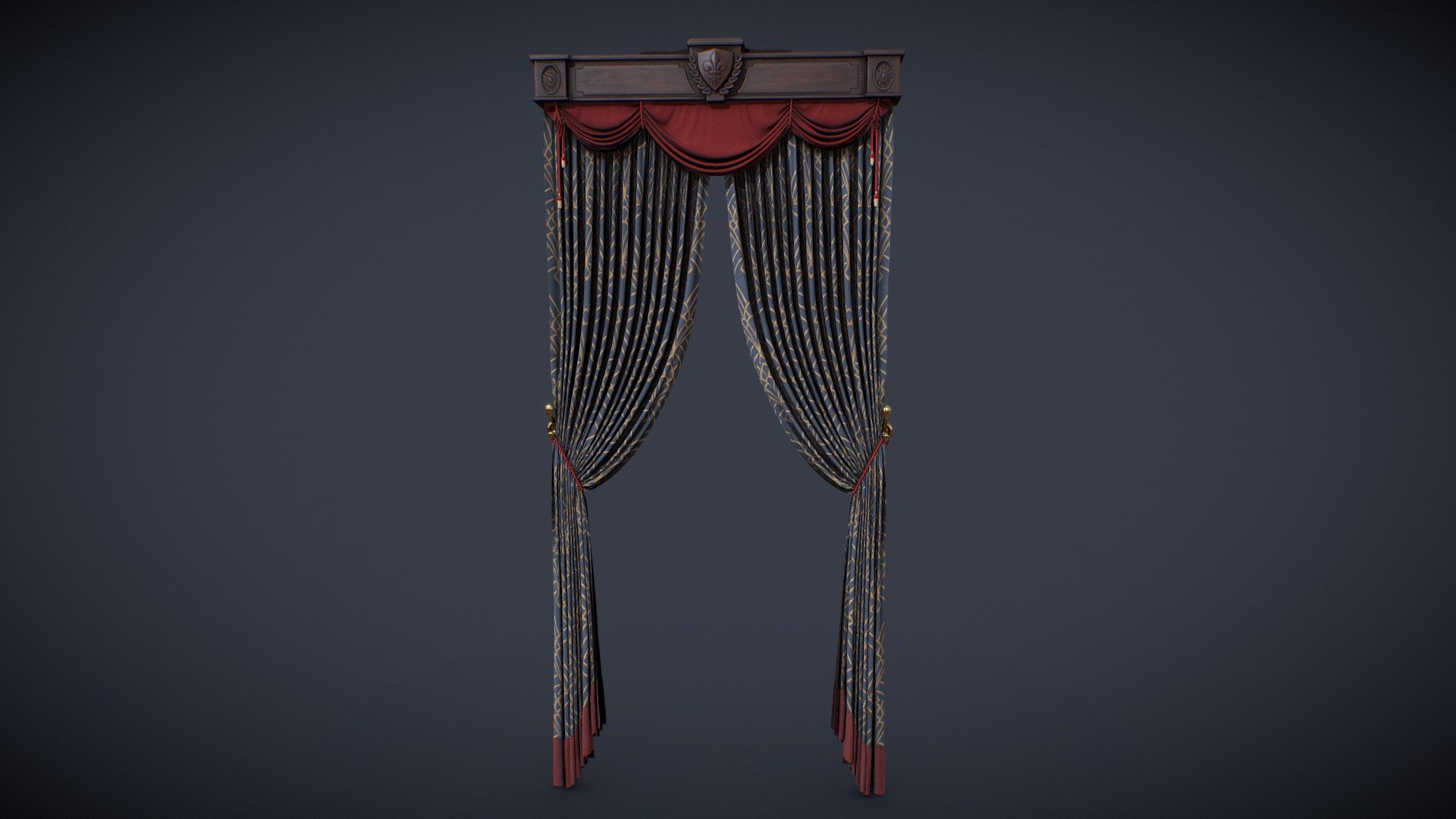 Hello all :) This is a long curtain asset to cover windows for a victorian project. Blue and red fabrics and wood base.

Made with Maya, PS and Substance.

You will find in the package Scene file, FBX and 2k Textures.
If you have any customs need, please feel free to contact me 3d model