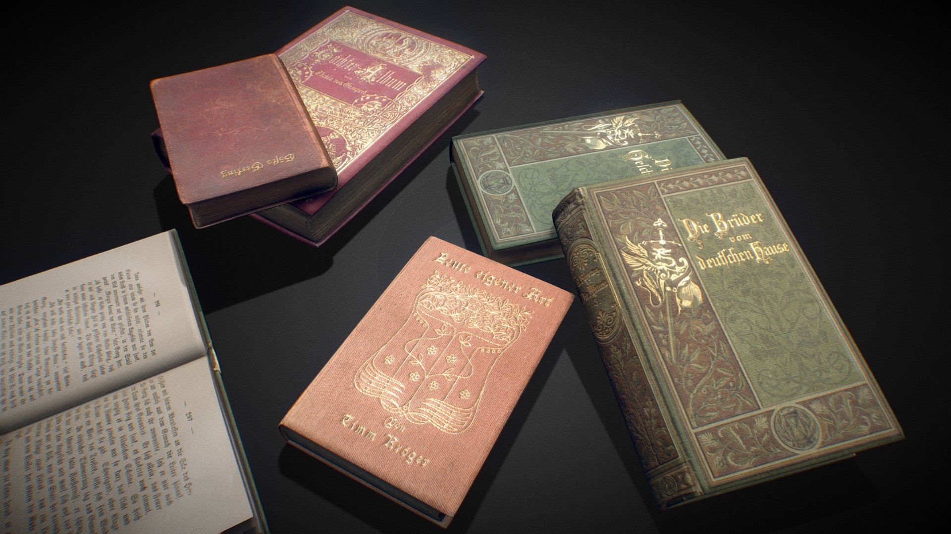 these books have been professionally modeled after real life reference and therefore have a great amount of detail and realism. each book has its own PBR material with a diffuse, metallic, roughness, and normal texture.

4K/8K Textures (read below for additional info
PBR Materials (diffuse, metallic, roughness, normal)
subdivision ready geometry (low poly)

poly counts and texture info: book 1: 496 faces, 552 verts | 4K Textures book 2: 496 faces, 552 verts | 4K Textures book 3: 608 faces, 676 verts | 4K Textures book 4: 504 faces, 558 verts | 4K Textures book 5: 504 faces, 558 verts | 4K Textures book 6: 1111 faces, 1197 verts | 8K Textures (listed from left to right according to the turntable/wireframe renders) overall poly count: 3719 faces, 4093 verts - Ancient Books - Buy Royalty Free 3D model by arloc 3d model
