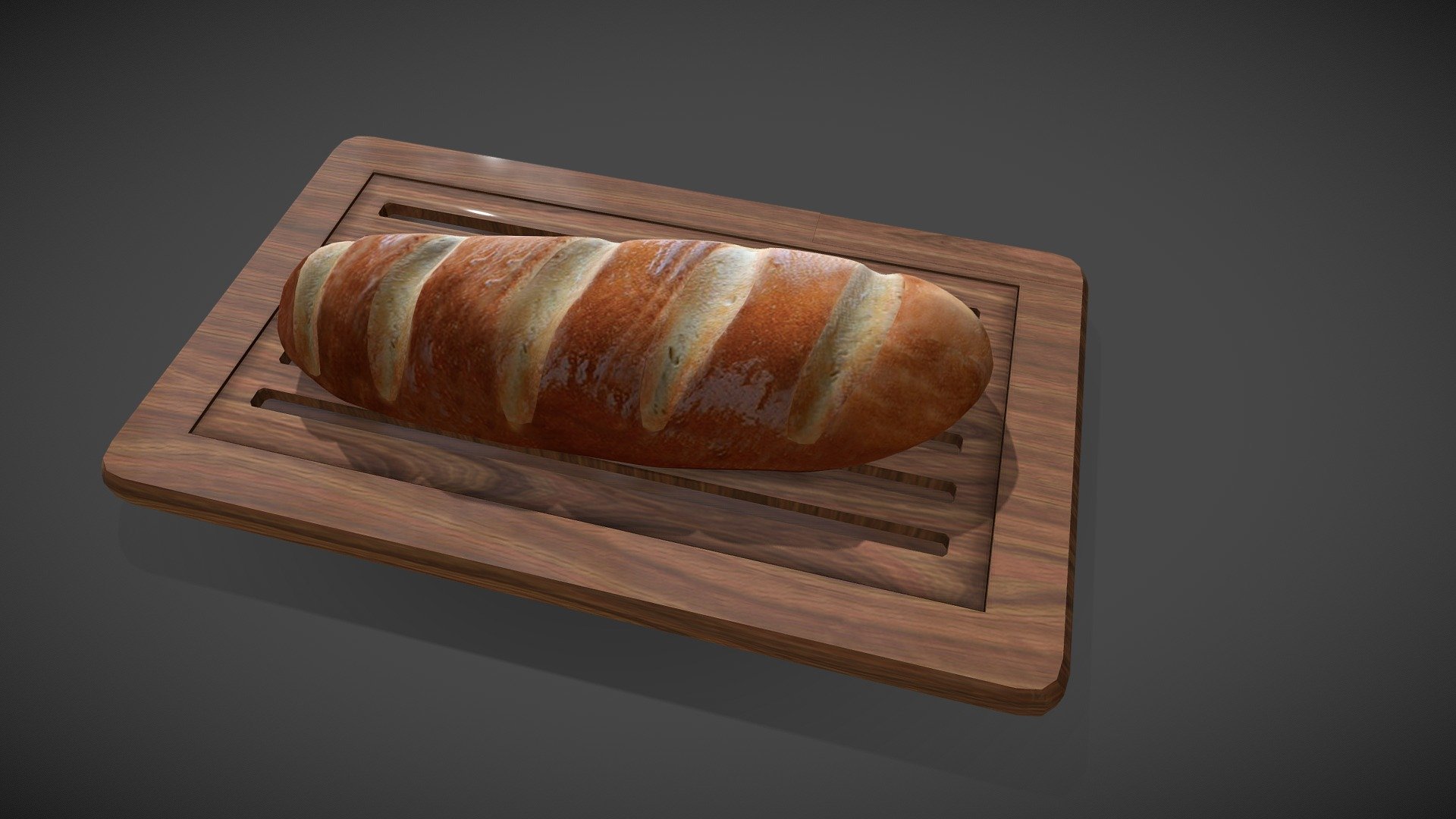 French bread on a bread cutting board, knife included 3d model