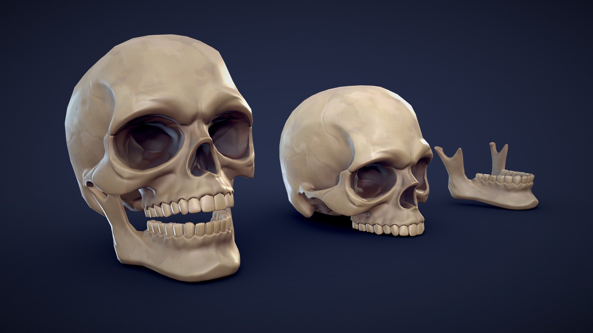 This asset pack contains 3 different human skull meshes. Whether you're working on a game, an animation, or any other 3D project, this 3D stylized human skull asset pack has you covered! 💀

Model information:




Optimized low-poly assets for real-time usage.

Optimized and clean UV mapping.

2K and 4K textures for the assets are included.

Compatible with Unreal Engine, Unity and similar engines.

All assets are included in a separate file as well.
 - Stylized Human Skull - Low Poly - Buy Royalty Free 3D model by Lars Korden (@Lark.Art) 3d model