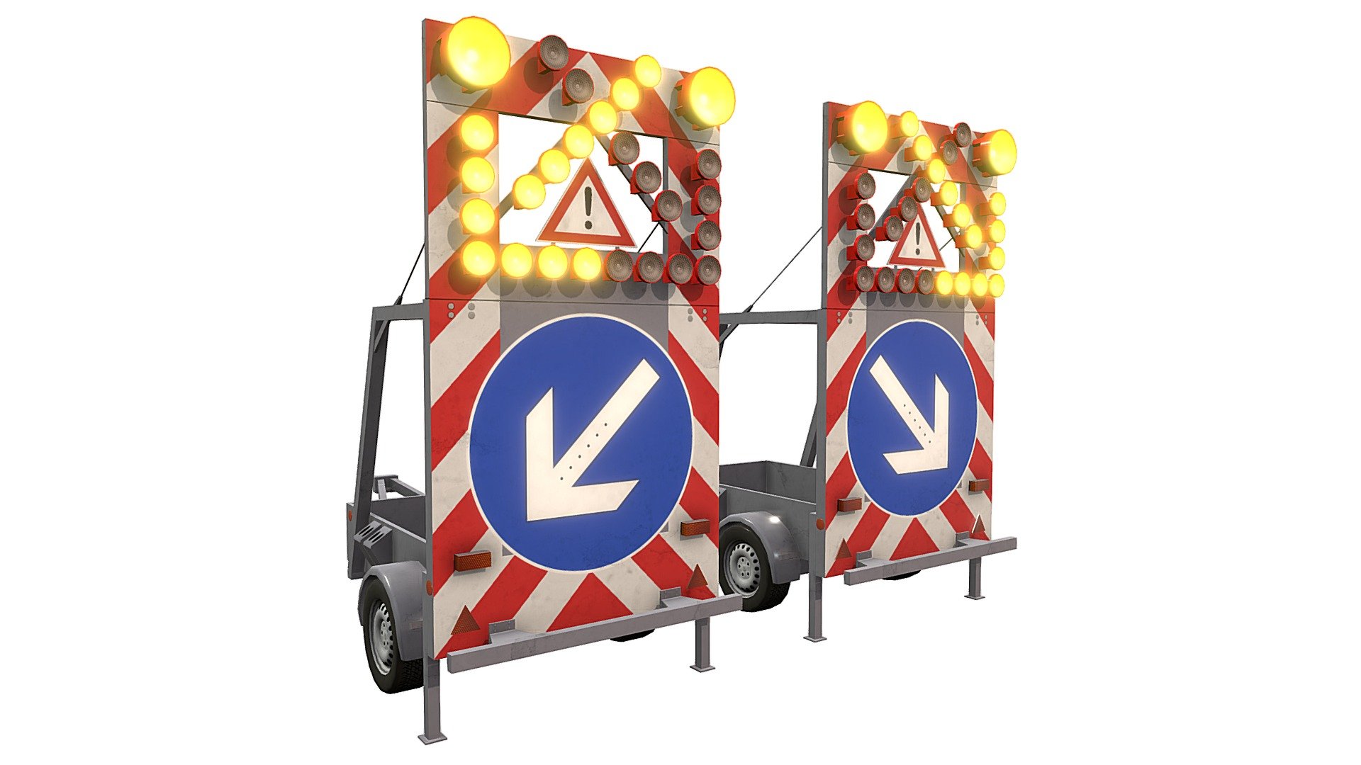 Low poly traffic safety trailers

Detailed enough for 3rd and 1st person and cameras

Perfectly useable for road construction and road seperation in your game maps

Asset is PBR specular workflow ready including own PBR texture sets for each of both parts

PBR textures in native 4K down to 2K: 6 x albedo, 3 x specular, 3 x gloss, 3 x ao, 3 x normal dx, 3 x normal gl, 3 x bump, 3 x emmission

Included are 2 x AO options for the trailers, with and without floor occlusion

Complete triangle count per trailer is just 7436 tris and 4244 verts
Made to real world scale in meters: length ca. 4.4 m, ca height 4 m

Additional file contains Fbx, Obj-Mtl, Dae, 3ds, Fbx, Max ( native 3dsMax2020) and all neccessary textures

Notice! This is the same asset as that with nigthttime setup
 - Traffic Safety Trailers (Daytime - Lights On) - Buy Royalty Free 3D model by RealtimeModels 3d model