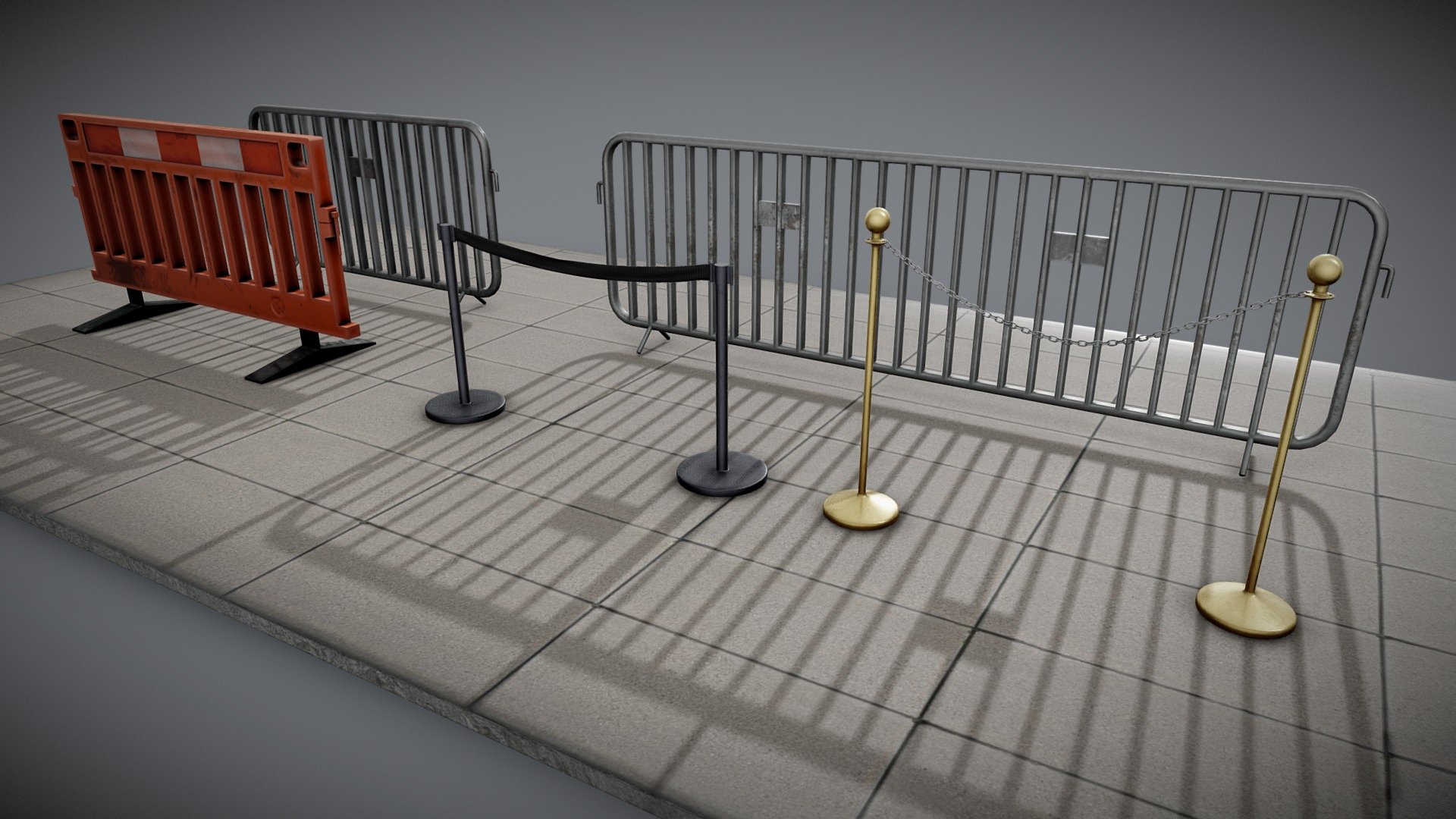 Handy selection of various barriers to use it any sort of enviroment.  

Comes with 2k PBR textures but the zip file also contains the 4k variants. 

2x steel barriers
1x roadworkstyle  barrier
1x chain barrier
1x belt barrier

Get in touch if you need other variations 3d model