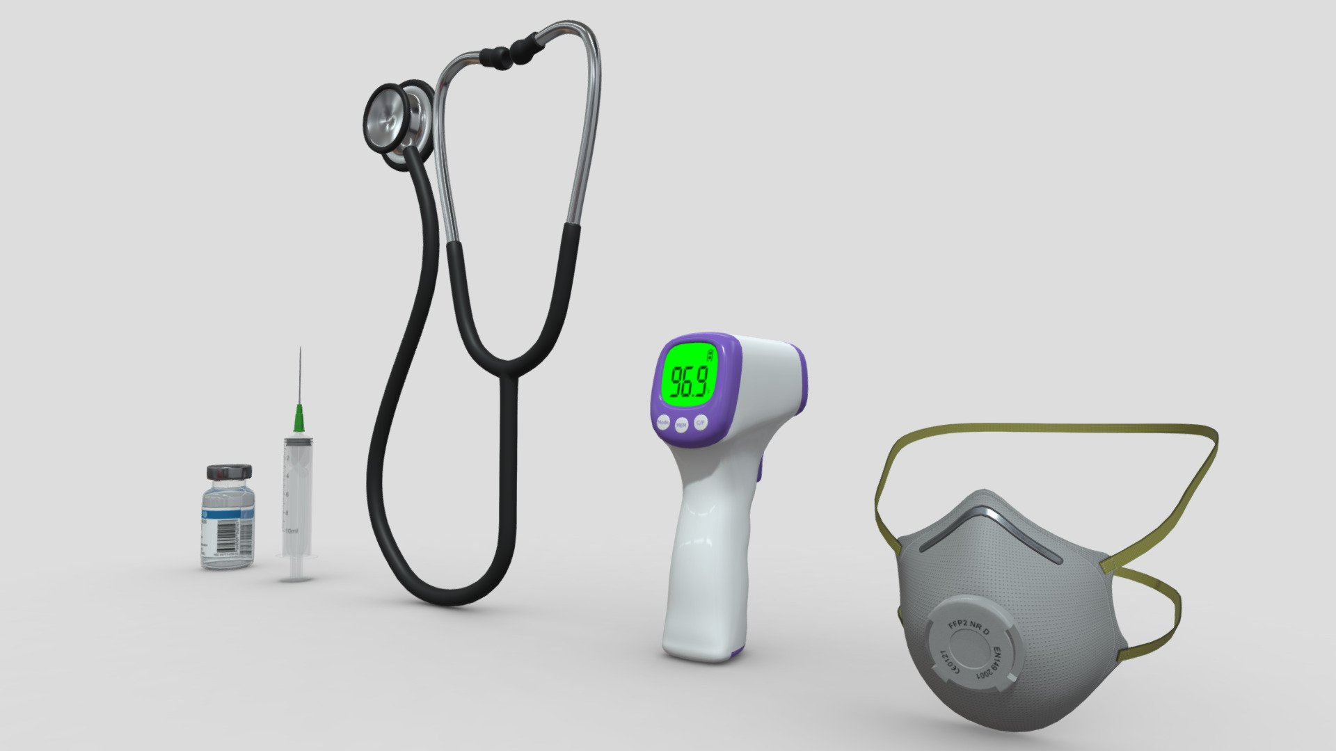 This is a low poly asset pack of  Stethoscope, laser thermometer, kn95 mask, syringe, covid19 vaccine - Medical assets pack - Buy Royalty Free 3D model by assetfactory 3d model