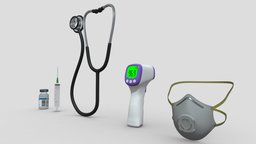 Medical assets pack pack, thermometer, mask, syringe, stethoscope, vaccine, n95, medical