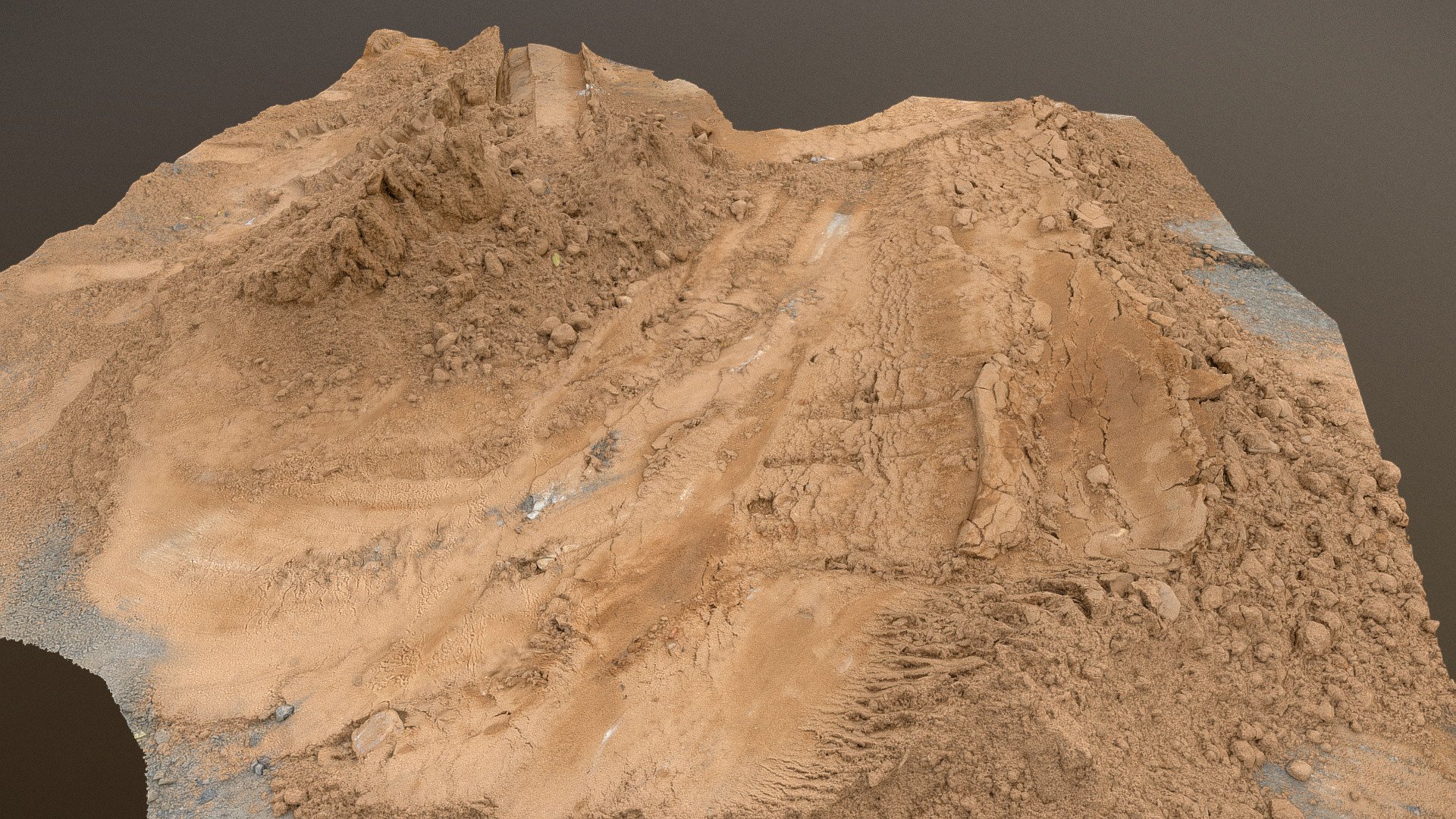 Construction site sand track trail heap pile field truck vehicle tyre tracks ground poured material

photogrammetry scan (150x24mp), 3x16k textures + normals from 3m tris - Construction site sand track - Buy Royalty Free 3D model by matousekfoto 3d model
