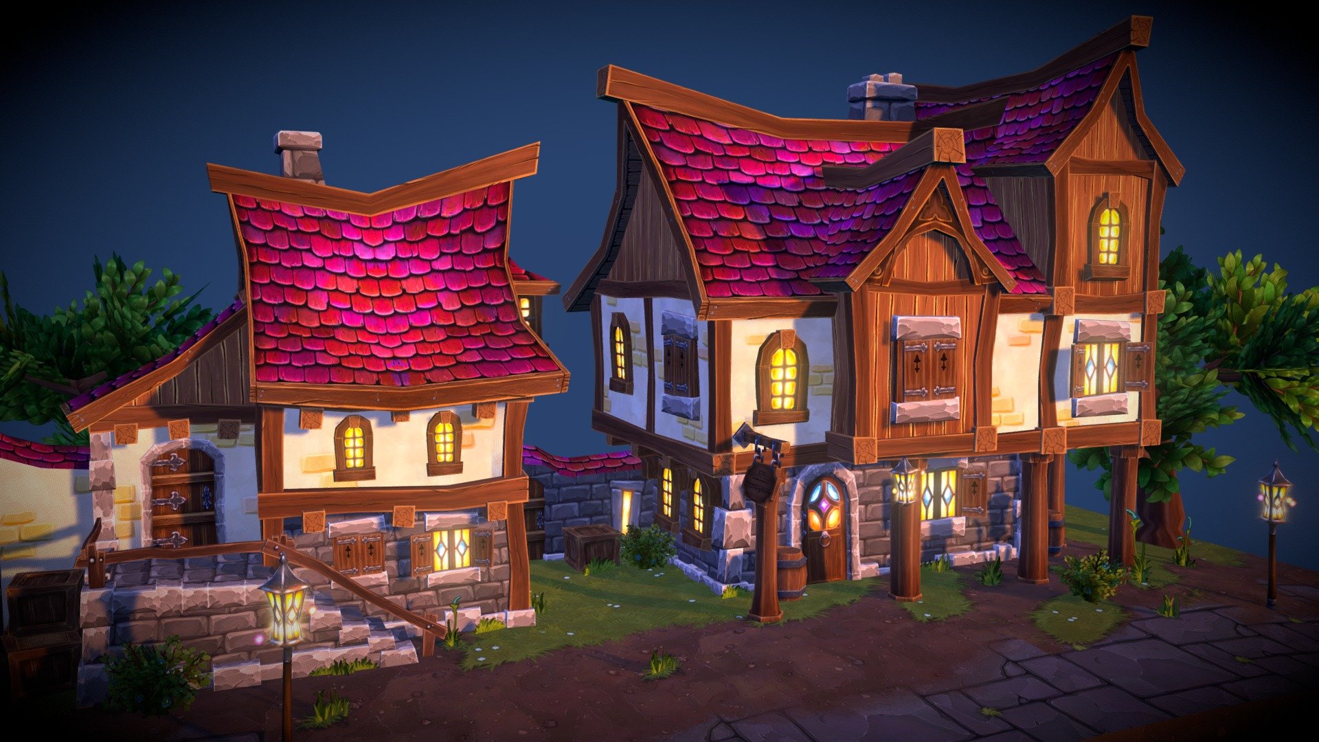 Cartoony Fantasy Town made for a game environment 3d model