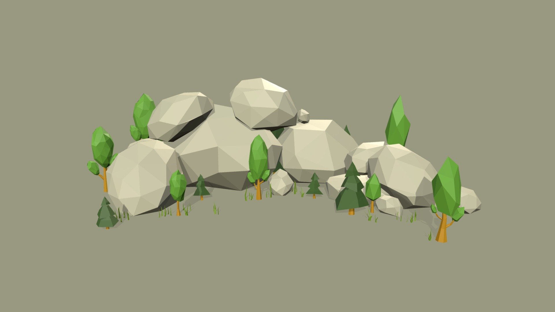 A low-poly scene of rocks and trees in the desert 3d model