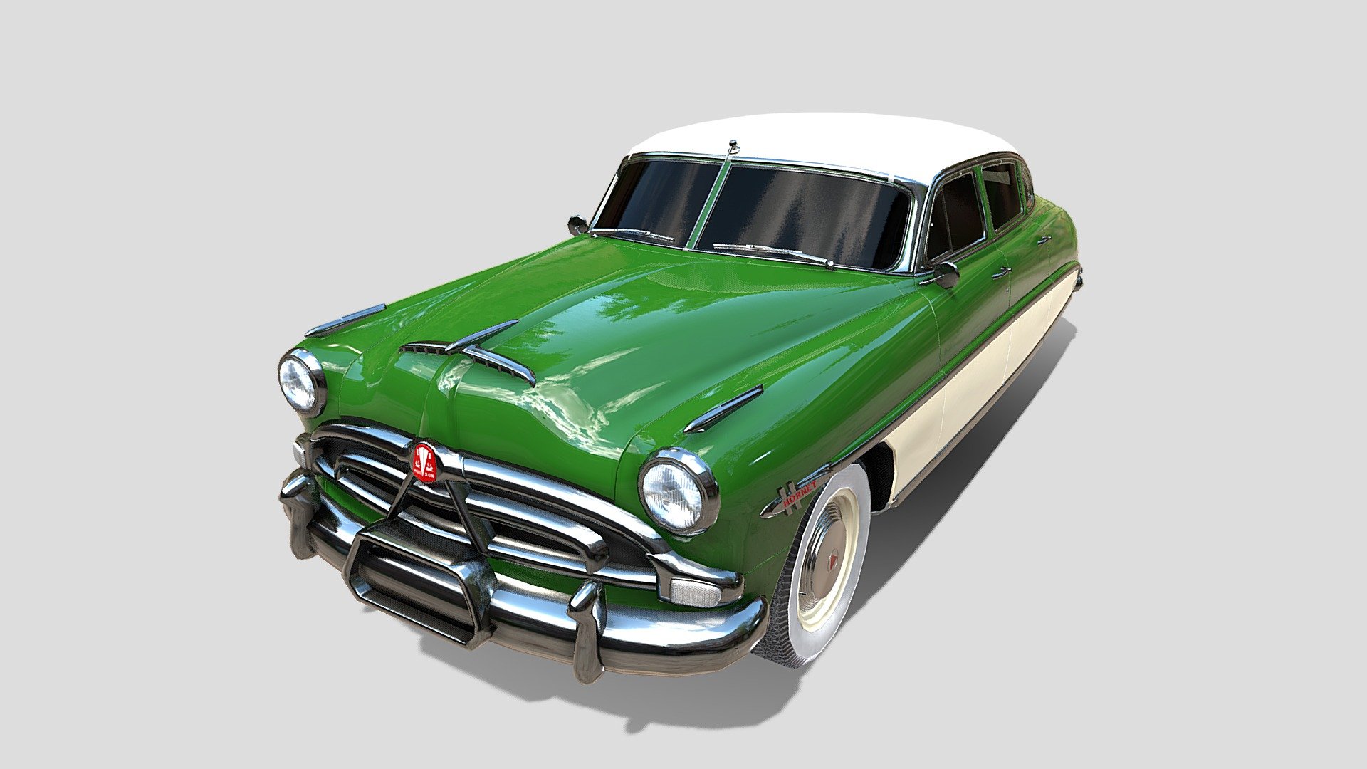 4 Door Hudson Hornet detailed 3d model, rendered with Cycles in Blender, using PBR textures, as per seen on attached images. 
The 3d model is scaled to original size in Blender.

File formats:
-.blend, rendered with cycles, as seen in the images;
-.obj, with materials applied;
-.dae, with materials applied;
-.fbx, with materials applied;
-.stl;

Files come named appropriately and split by file format.

3D Software:
The 3D model was originally created in Blender 3.1 and rendered with Cycles.

Materials and textures:
The models have materials applied in all formats, and are ready to import and render.
Materials are image based using PBR, the model comes with two materials, with five 4k PBR png image textures each corresponding to:
-exterior;
-wheels; - 4 Door Hudson Hornet v1 - Buy Royalty Free 3D model by dragosburian 3d model