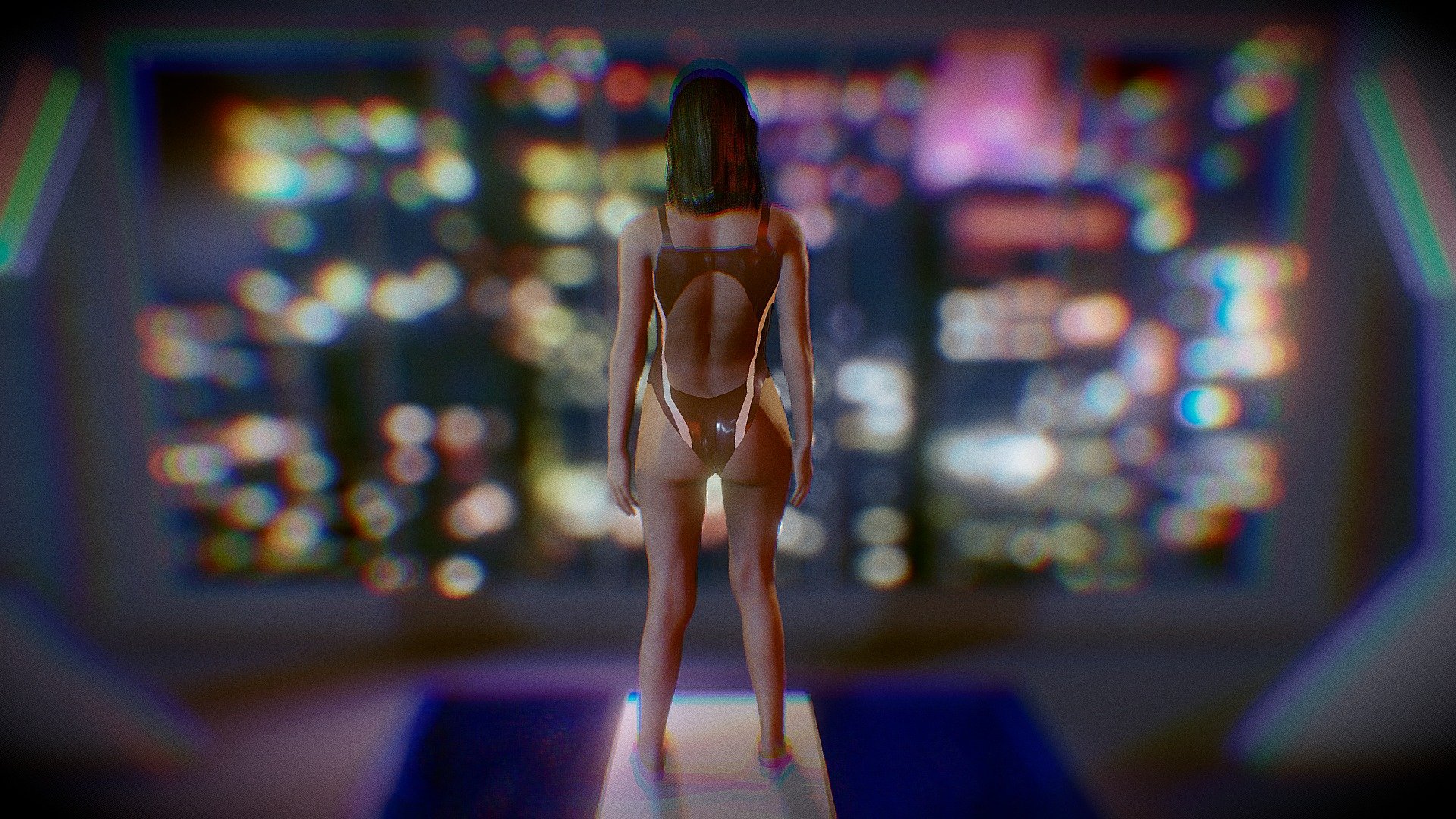 Caustics with emition map. Swimsuit girl above the pool in a skyscraper. Model in blender. Rigged with mixamo-bone names. Idle pose. sss. subsurfacescattering 3d model