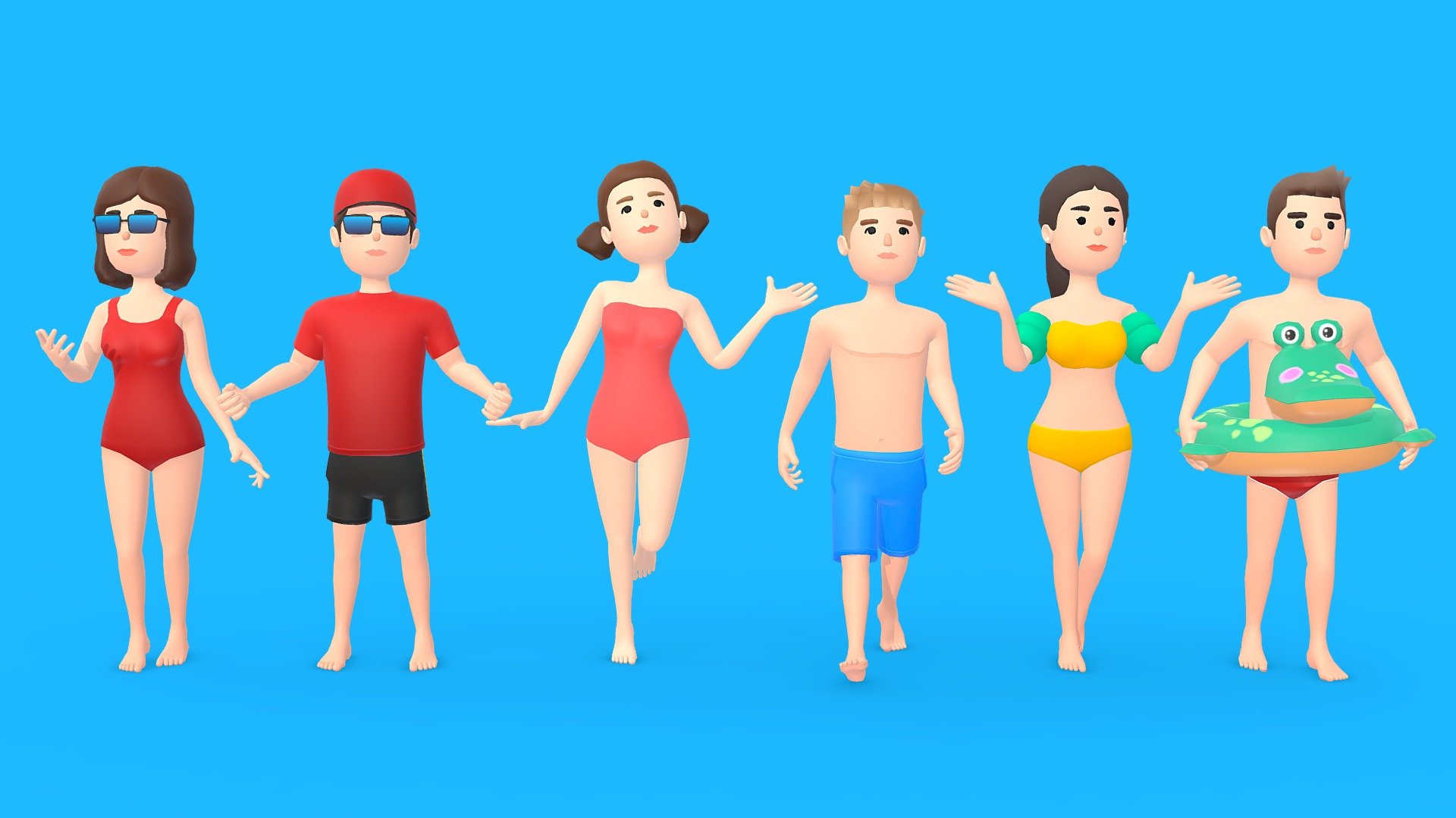 I hope these characters are useful to you because I make them with a lot of love and dedication.

DESCRIPTION




6 Rigged characters.

Textures included.

T-Pose rest pose.

Mixamo compatible.     

TECHNICAL DETAILS




6 characters (.fbx).

6 color textures (.png).

32x32 textures dimensions.

Rigging: Yes.

Animation: No.

UV mapping: Yes.

**Check my content, you are sure to love it: **  thcyrax.com

**Check my ** Hyper Casual Collection - HYPER CASUAL CHARACTERS VOL 5 - BEACH - Buy Royalty Free 3D model by thcyrax (@thcyrax3D) 3d model