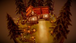 The Cabin In The Woods scene, fence, wooden, grass, mushroom, barrel, assets, medieval, night, cabin, hand-paint, mushrooms, haloween, handpainted, game, blender, gameart, chair, axe, house, home, wood, fantasy, rock, pumpkin