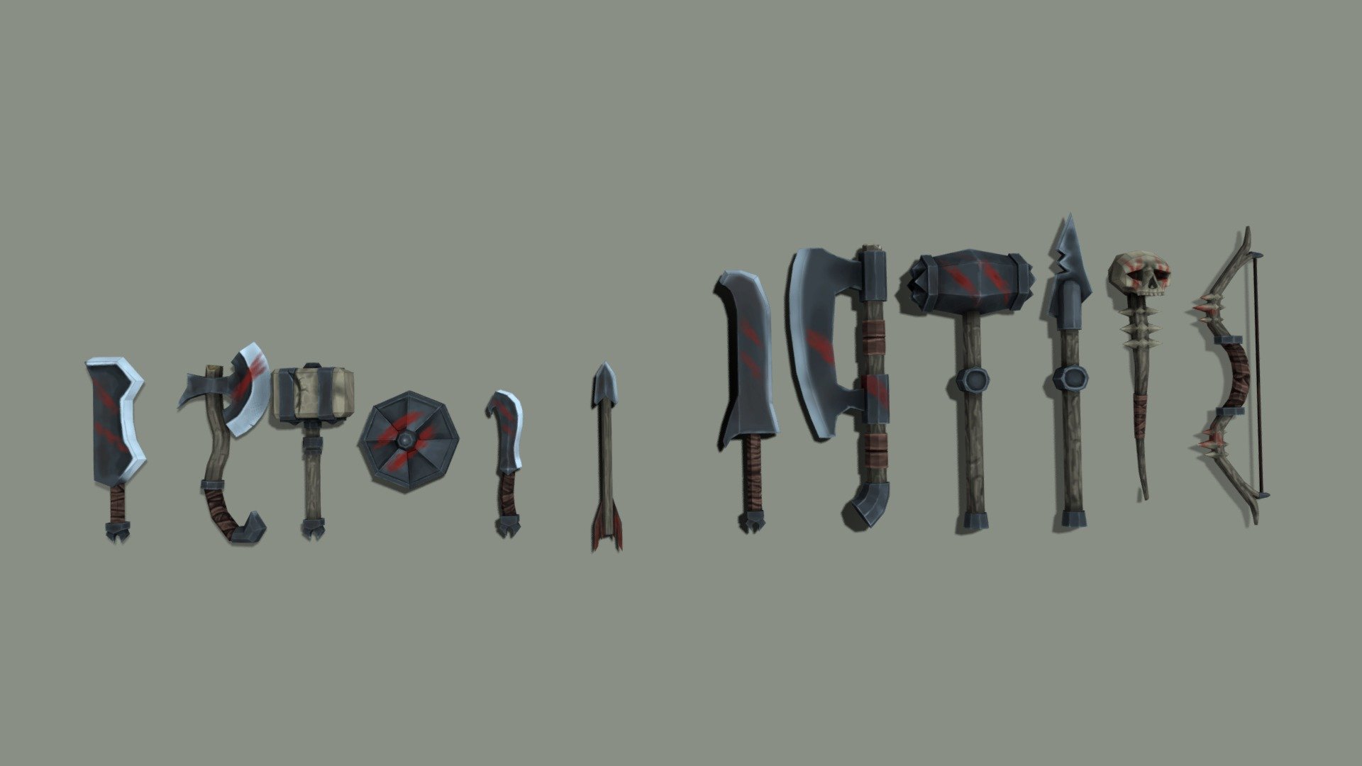 a set of low-poly orc one-and two-handed weapons. one-handed: sword, axe, hammer, shield, blade and arrow. two-handed: sword, axe, hammer, spear, staff and bow. files: obj, fbx, blend - orc weapons - 3D model by penqin (@pinqin) 3d model
