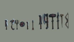 orc weapons arrow, rpg, hammer, spear, orc, bow, staff, magicstaff, fantasyweapon, twohandedaxe, orcweapon, onehandedweapon, weapon, lowpoly, axe, sword, fantasy, shield, magic, blade, onehandedsword, onehandedaxe, twohandedweapon, onehandedhammer, twohandedhammer