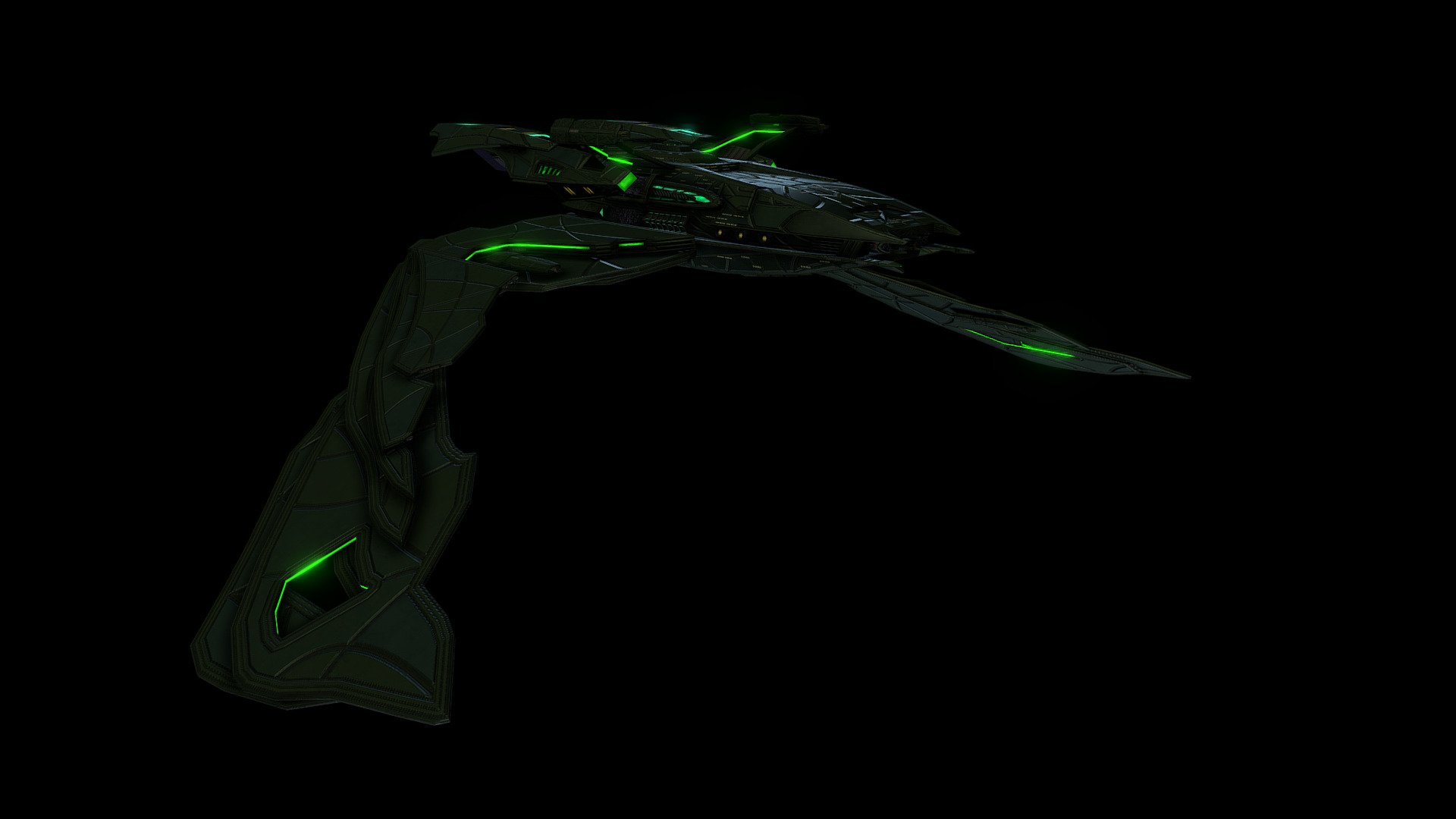 After the fall of Shinzon, the Romulans took the design plans of the Scimitar and adapted them for their needs. The Talaron generator was removed and the weapon systems were specialized to powerful disruptors.
The Fal'ash is more maneuverable and fast, but its offensive power is weaker than its Reman counterpart.

With this model I have oriented myself to a STO design 3d model