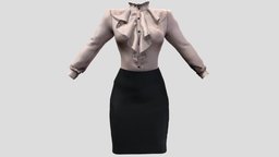 Female Ruffled Blouse Pencil Skirt Outfit pencil, white, shirt, fashion, girls, clothes, skirt, dress, boss, beautiful, womens, elegant, principal, outfit, teacher, wear, secretary, formal, blouse, pbr, low, poly, female, black, ruffle, governess